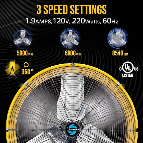 Miniatura 5 de Tornado - Ventilador de tambor de metal de inclinación resistente de alta velocidad de 24 pulgadas, color amarillo, uso industrial, 3 velocidades