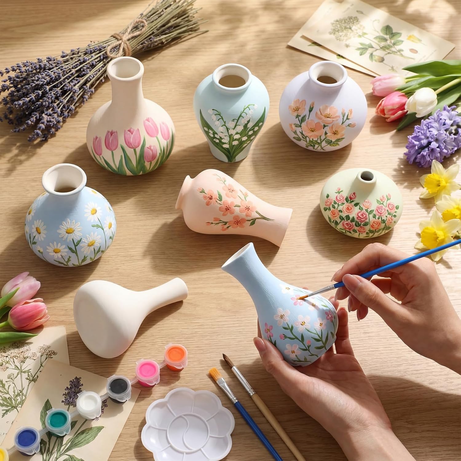 Maxdot 8 Set Paint Your Own Vases Unpainted White Ceramic Vases Painting Kit for Adults with Paint Brushes, Paints and Palettes Chinoiserie Vase Decorating Kit for Holiday DIY Craft Activity Supplies