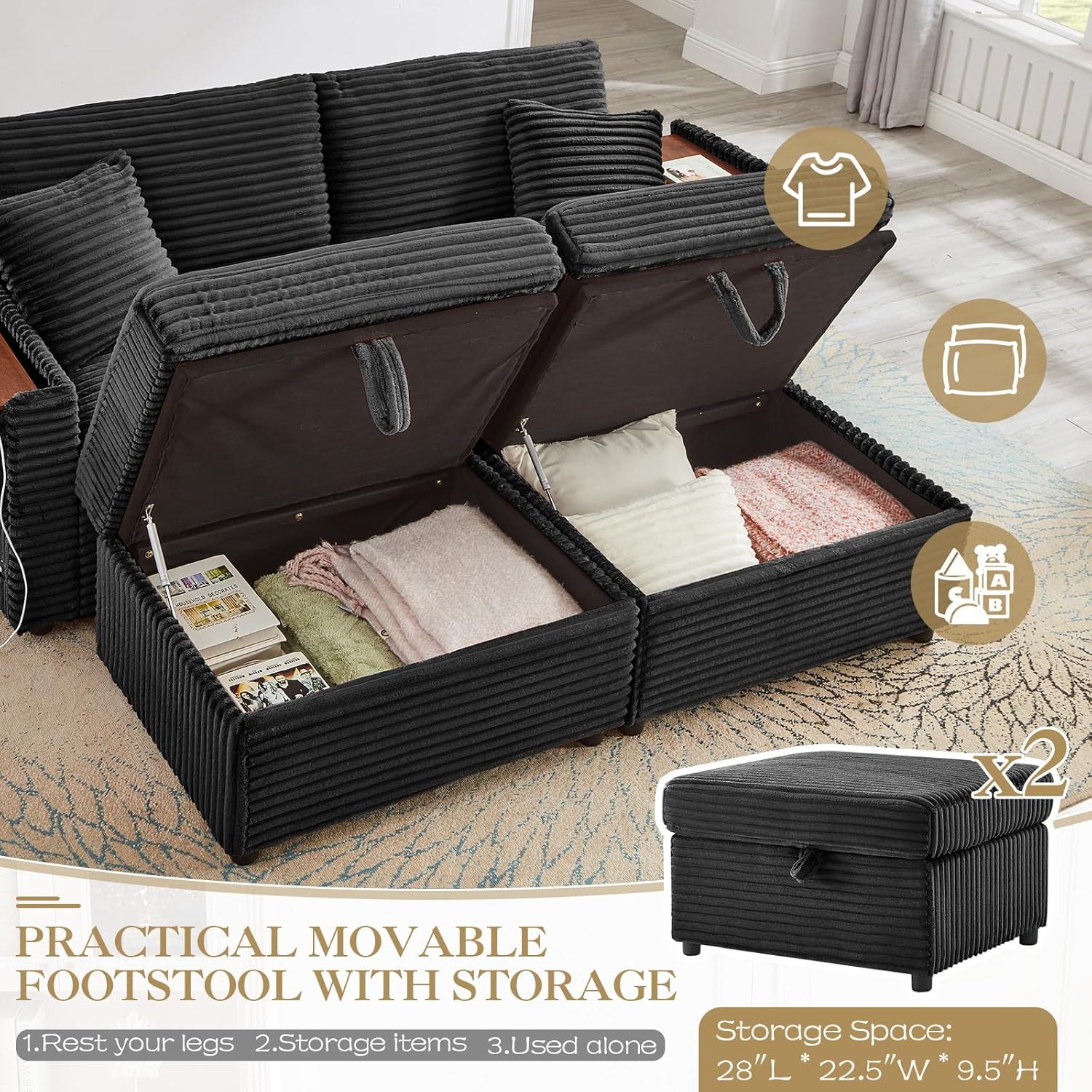 Loveseat Chair and Ottoman Set, Modern Comfy Corduroy Cloud Fluffy Chaise Lounge Sofa Chair with Storage Ottoman & Wooden Side Table & USB Charging Ports for Living Room Bedroom Reading Room, Black