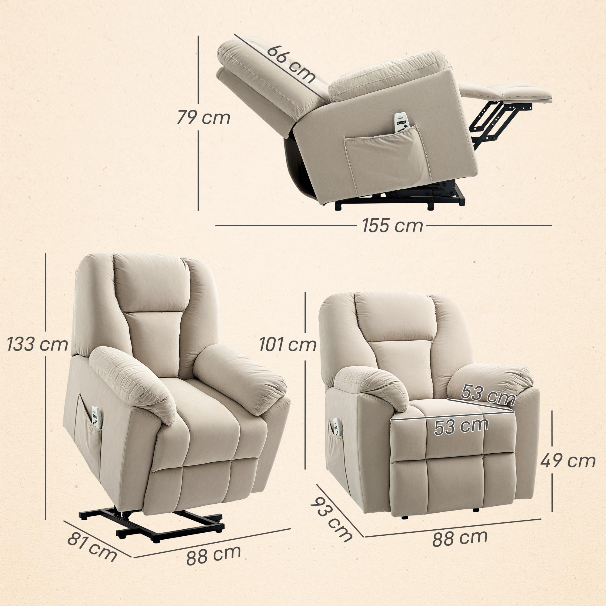 HOMCOM Fauteuil releveur électrique avec fonction massage et chauffage, fauteuil relax électrique en velours, dossier inclinable, ports USB, télécommande, fauteuil relaxant pour personnes âgées, beige