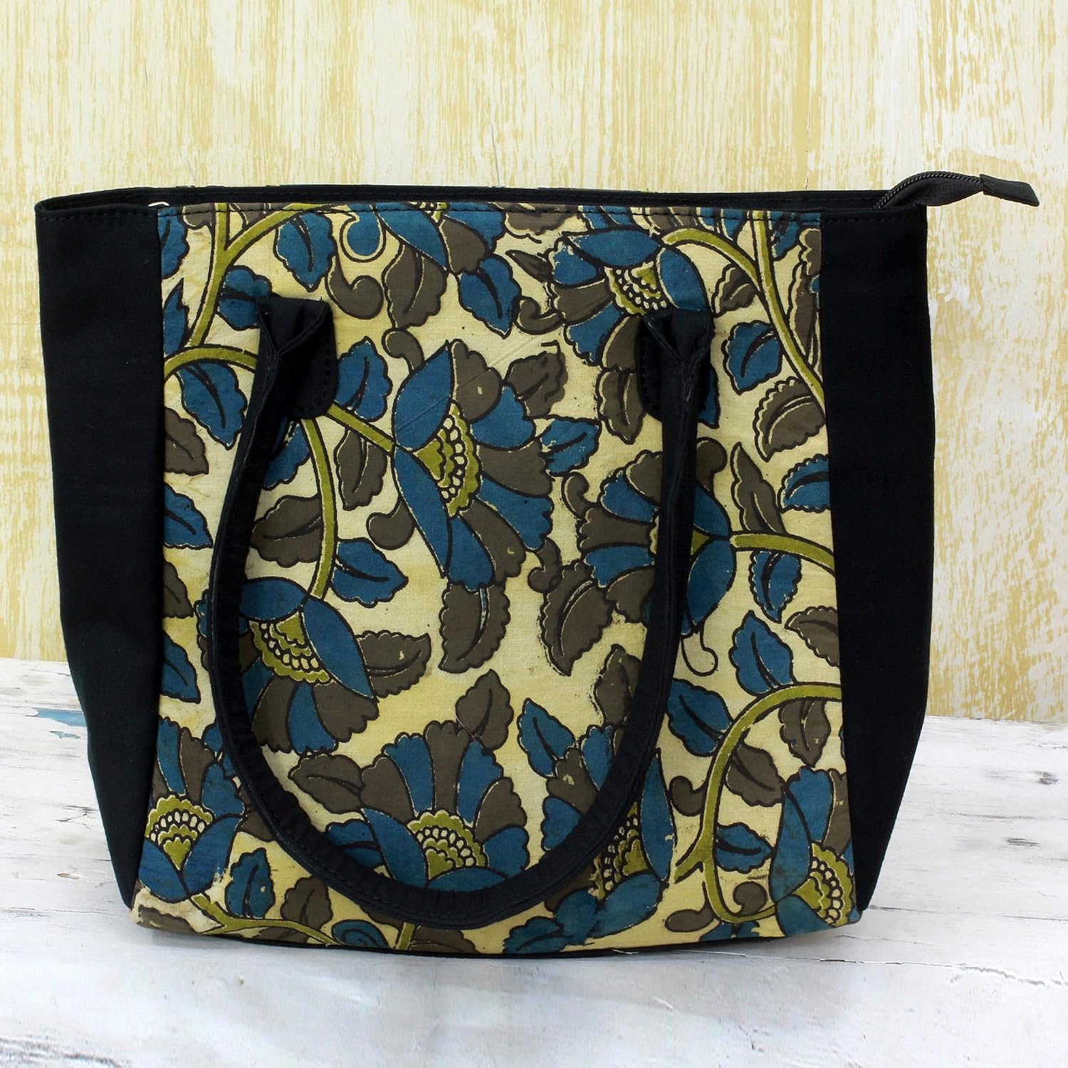 NOVICA Artisan Handmade Batik Cotton Tote Handbag 100% in Teal Olive India Handbags Black Patterned Floral ' Floral Thicket in Olive'