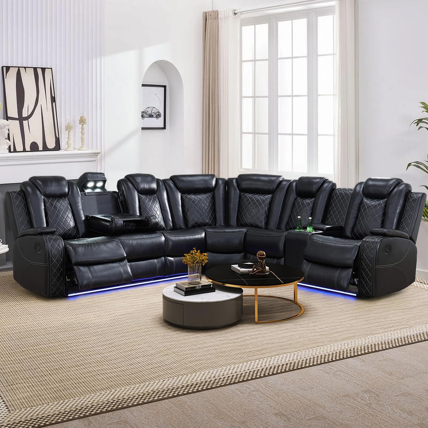 Power Reclining Sectional Sofa Set with LED Lights, Vegan Leather Brown Recliner Sectional Couch for Living Room Furniture Sets, USB Charging/Storage Console/Cup Holders,Brown