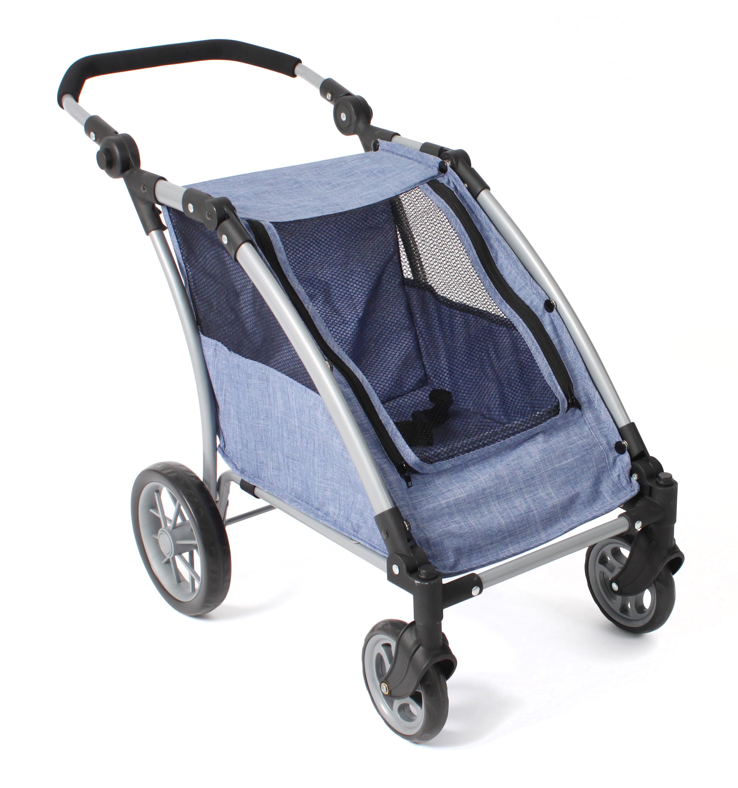Bayer Chic 2000 Roadster | Zwillings-Puppenwagen Jeans Blue | Verstellbar, 72 x 40 x 64 cm | Sportlicher Puppentrailer für 2 Puppen (bis 46 cm). Höhenverstellbarer Schieber (33–71 cm). Jeans Blue. Robust & Chic.