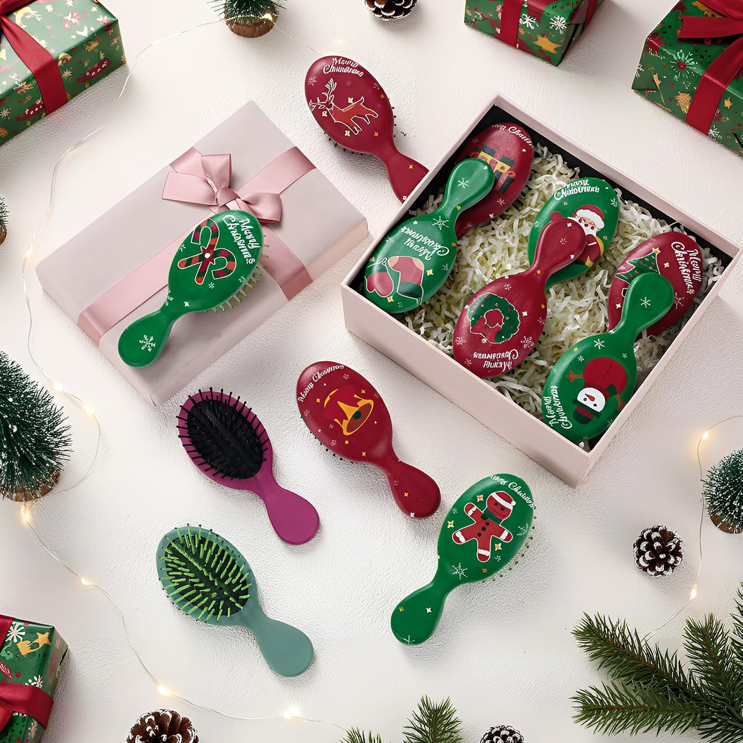 Vesici 24 Pcs Christmas Mini Hair Brush Detangling Christmas Stocking Stuffers Holiday Wet Travel Brush Xmas Gifts for Women Spa Party Supplies for Homeless Charity