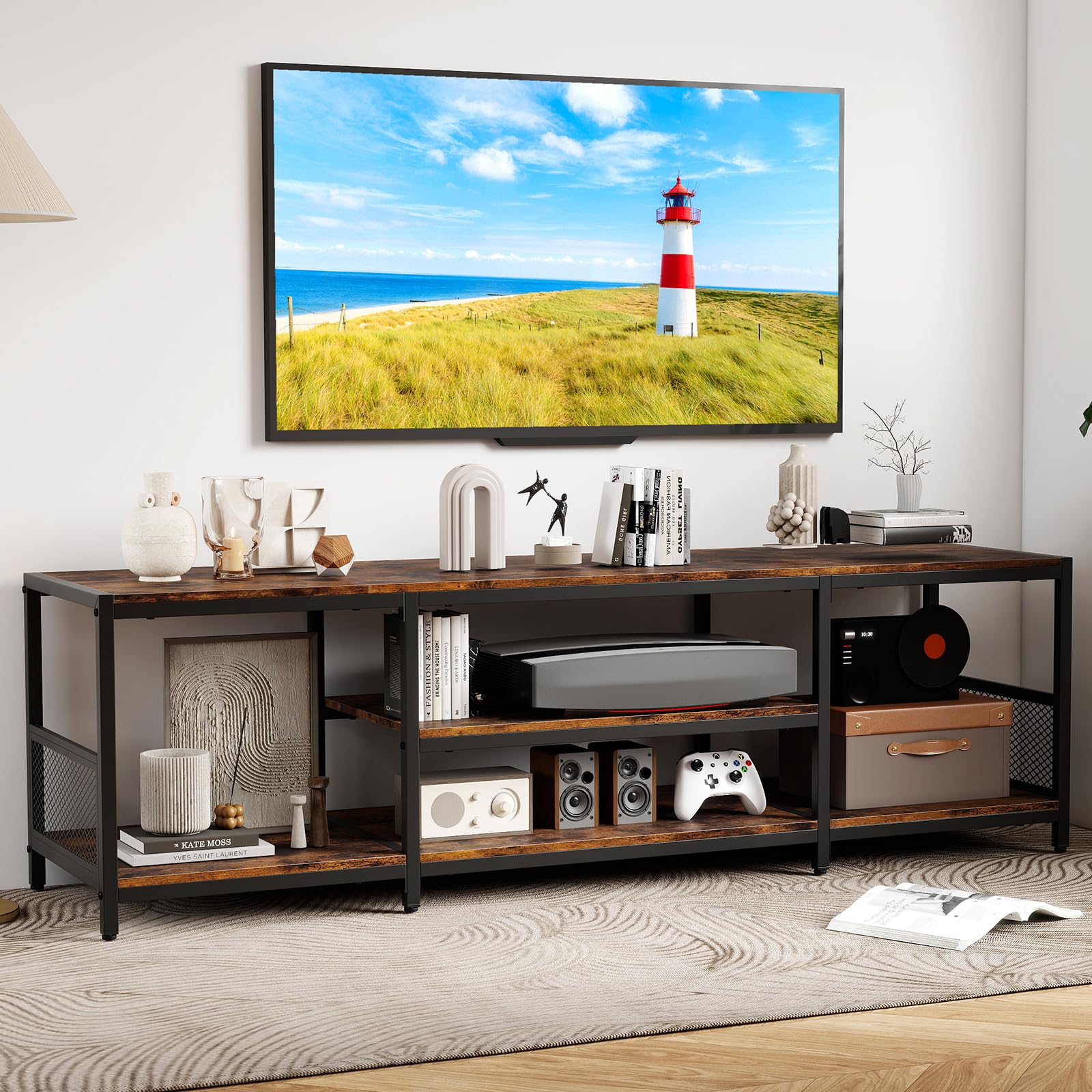 COSTWAY Mobile TV Soggiorno fino a 65", Tavolino TV con Mensole Aperte, Consolle Media Industriale, Centro Intrattenimento Basso Salotto, per Soggiorno Camera da Letto