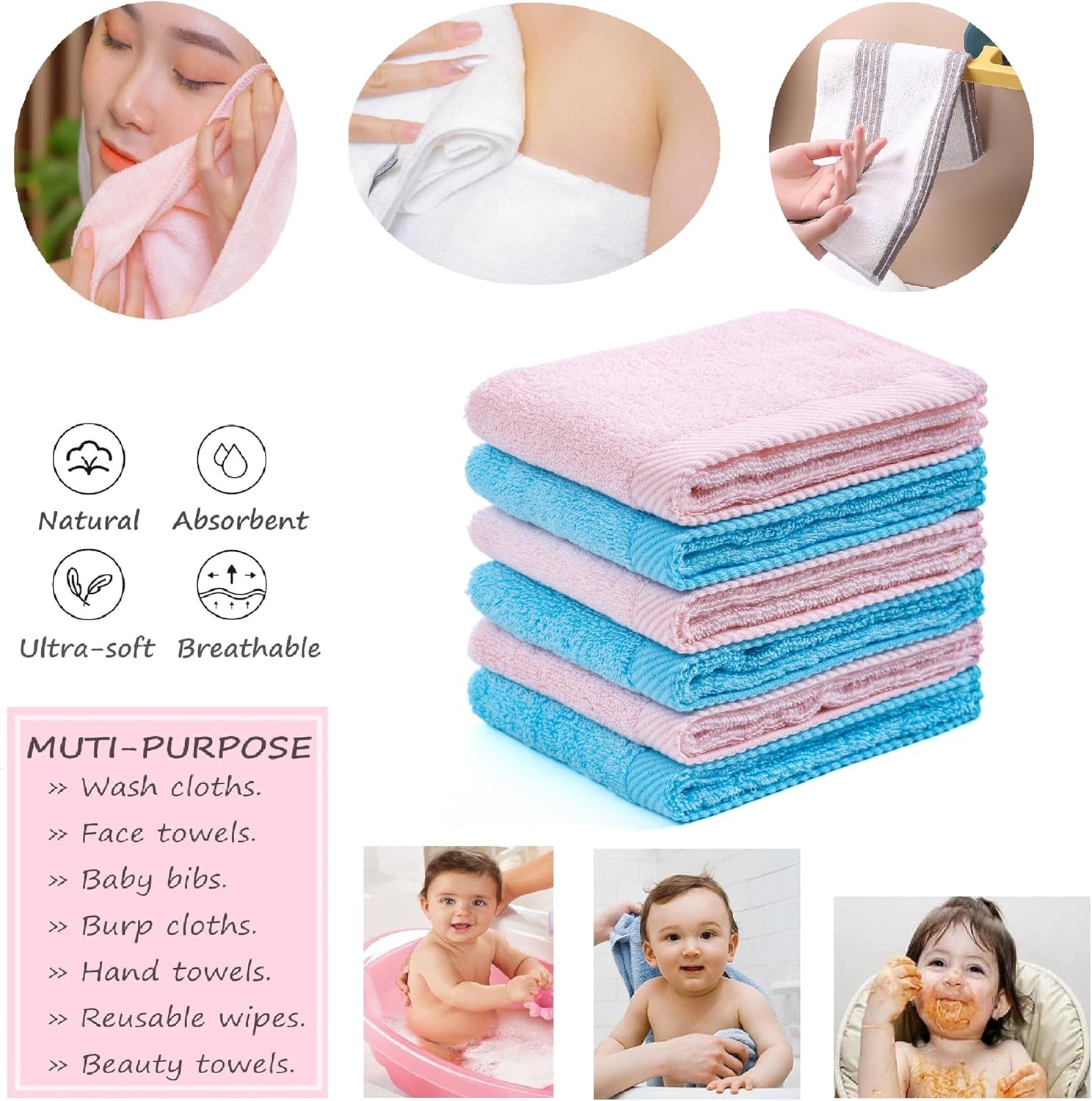 Mother-Earth 6-Pack Bath Washcloths 12"x12" - Soft and Absorbent Face Towels, Quick-Drying Wash Cloths for Sensitive Skin, Premium Quality for Daily Use (Blue-Pink) image 3