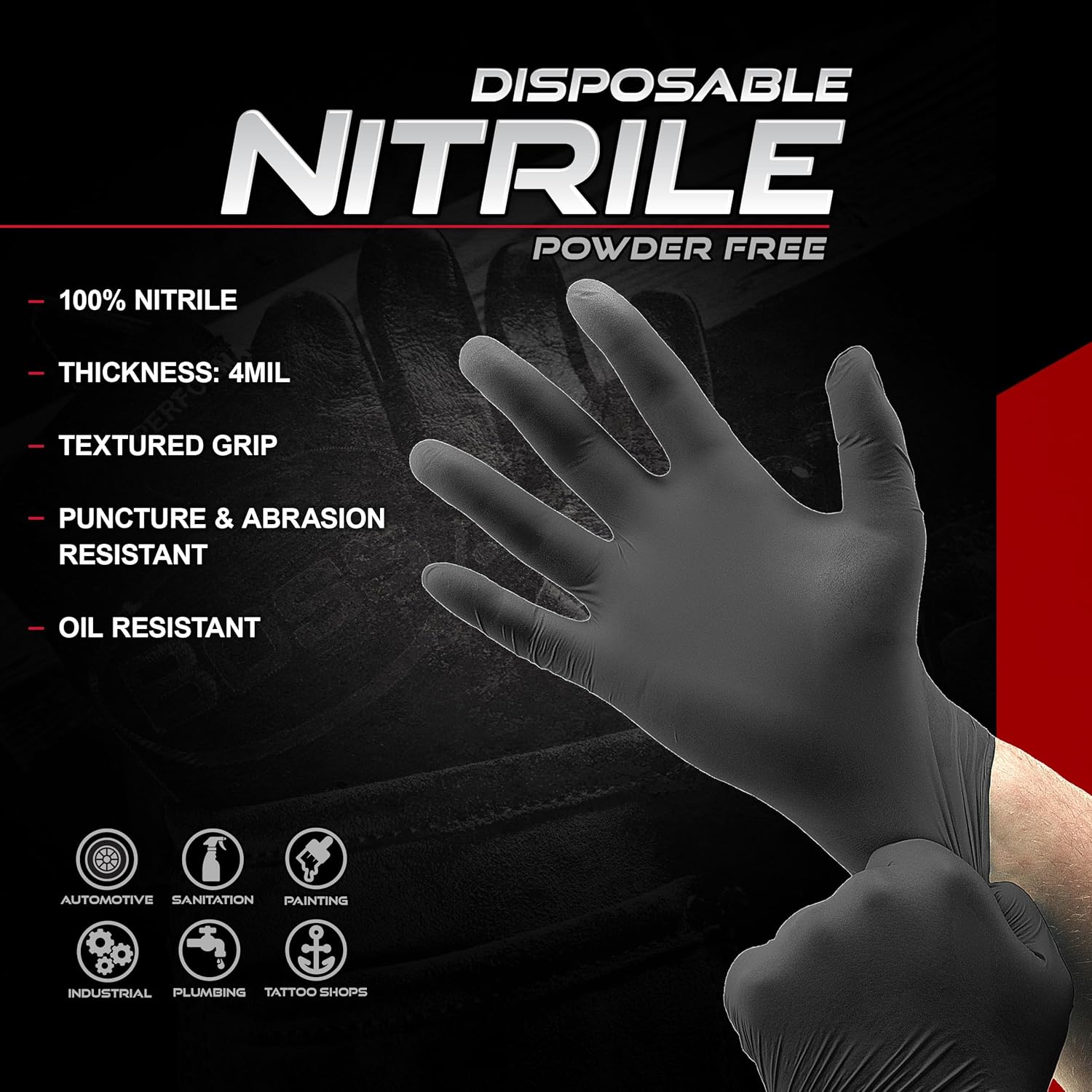Boss Powder Free Disposable Nitrile Gloves, 4 Mil Thickness, 50 Pair Pack, Black, Large, (B21001-L50)