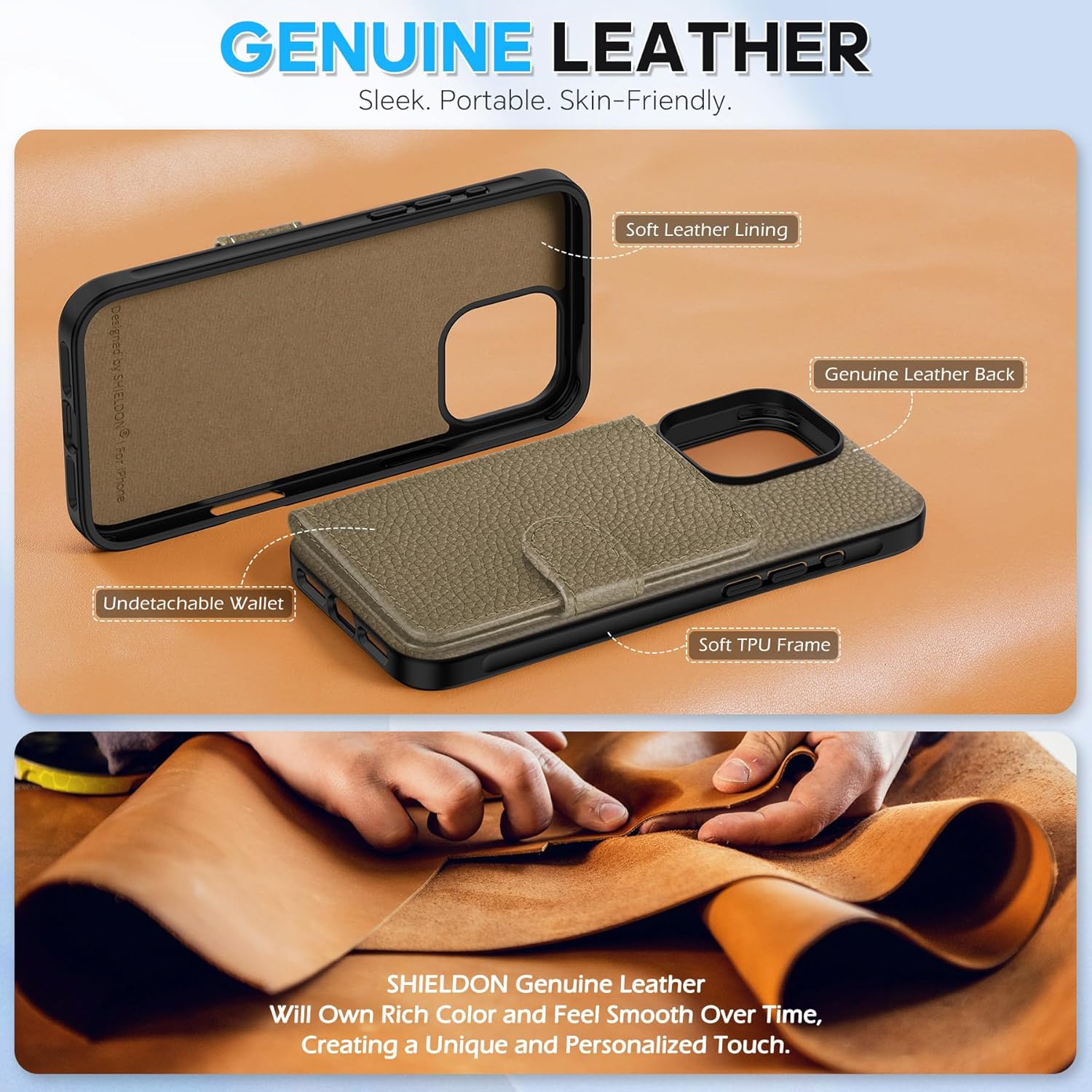 SHIELDON Wallet Case for iPhone 16 Pro 6.3", Genuine Leather Non-Detachable Magnetic RFID Blocking Card Wallet with 6 Card Slots, Slim Shockproof Cover Compatible with iPhone 16 Pro - Pebbled Khaki
