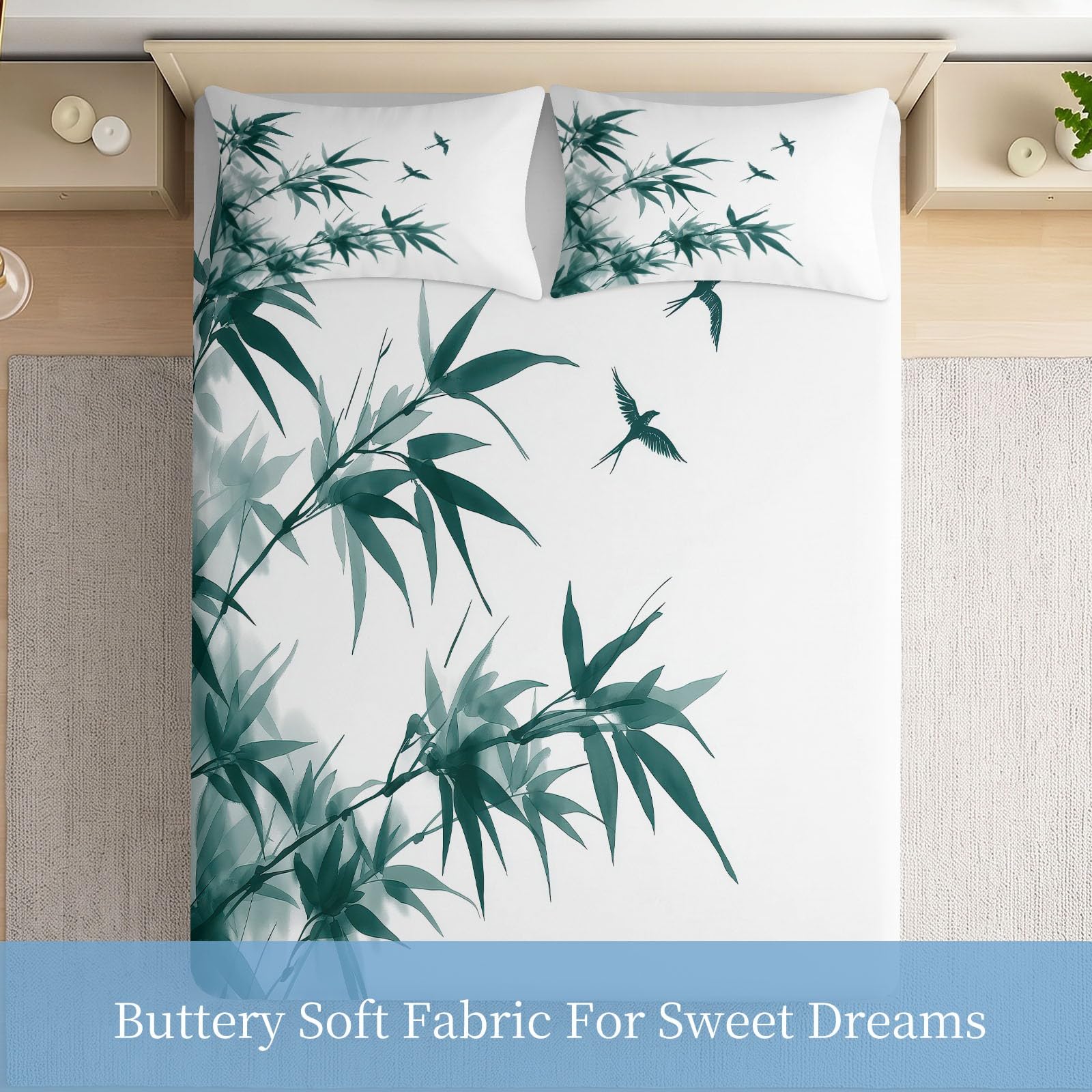 Sábanas de Bambú Golondrinas Sábana bajera Microfibra Esquina Profunda Ropa de Cama Chino Asiático Funda de Colchón Antideslizante Lavable para Adultos Adolescentes Dormitorio 200 x 200 cm
