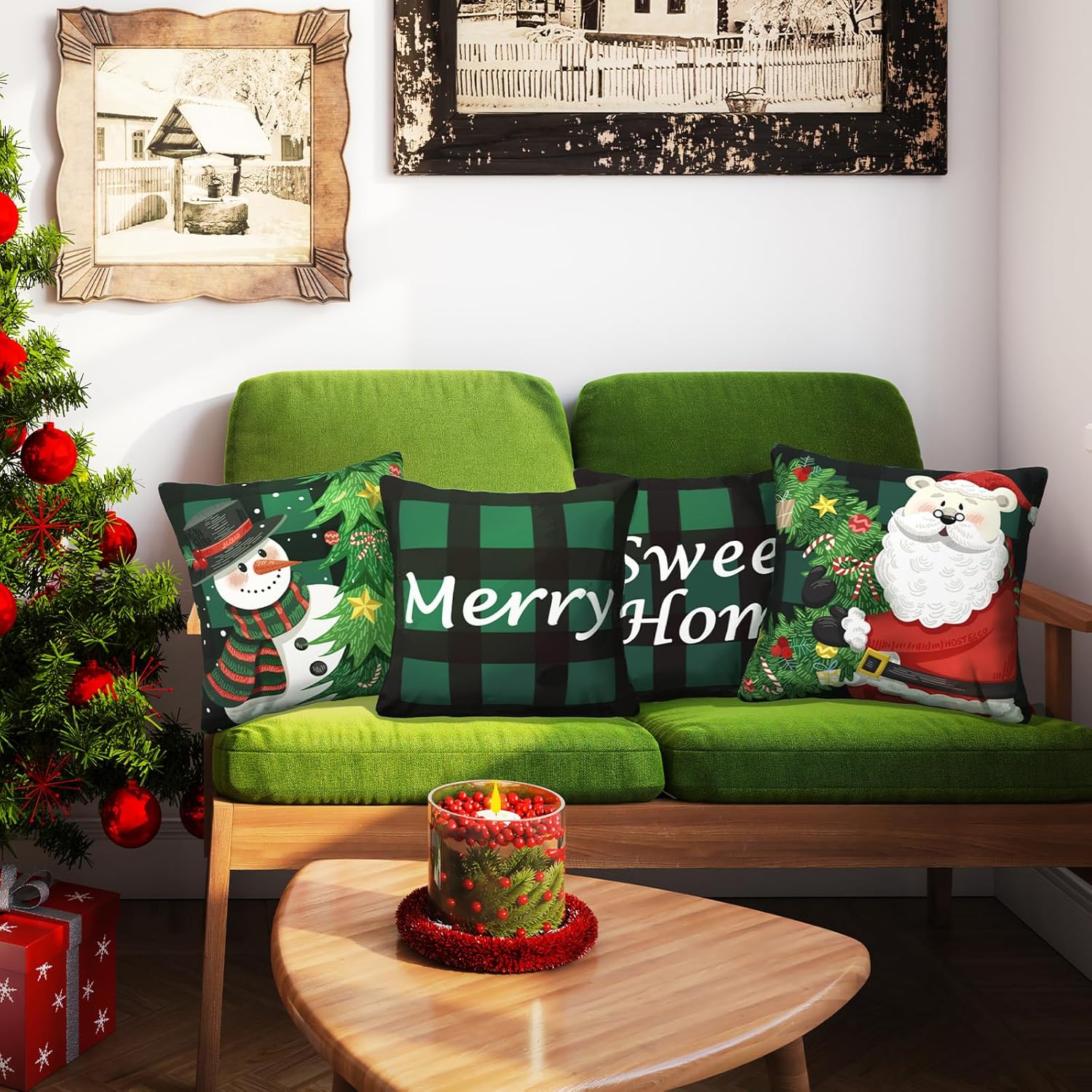 HOSTECCO Christmas Throw Pillow Covers 18x18 inch Set of 4 Xmas Buffalo Plaid Pillow Cases Green and Black Winter Holiday Decorative Cushion Cases for Sofa Living Room