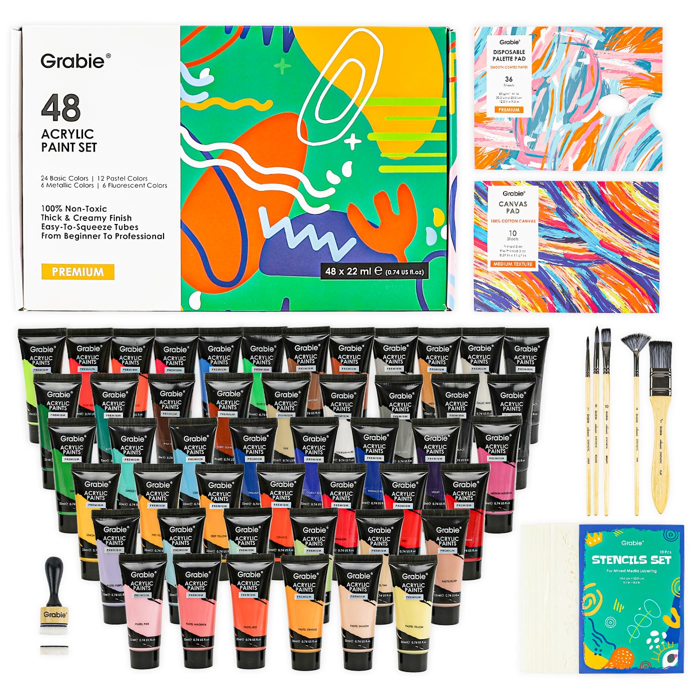 Grabie Acrylic Paint Set, 48 Colors, 5 Paint Brushes, 10-Sheet Canvas Paper, 36-Sheet Disposable Palette Paper, Stencil Set, Blending Tool