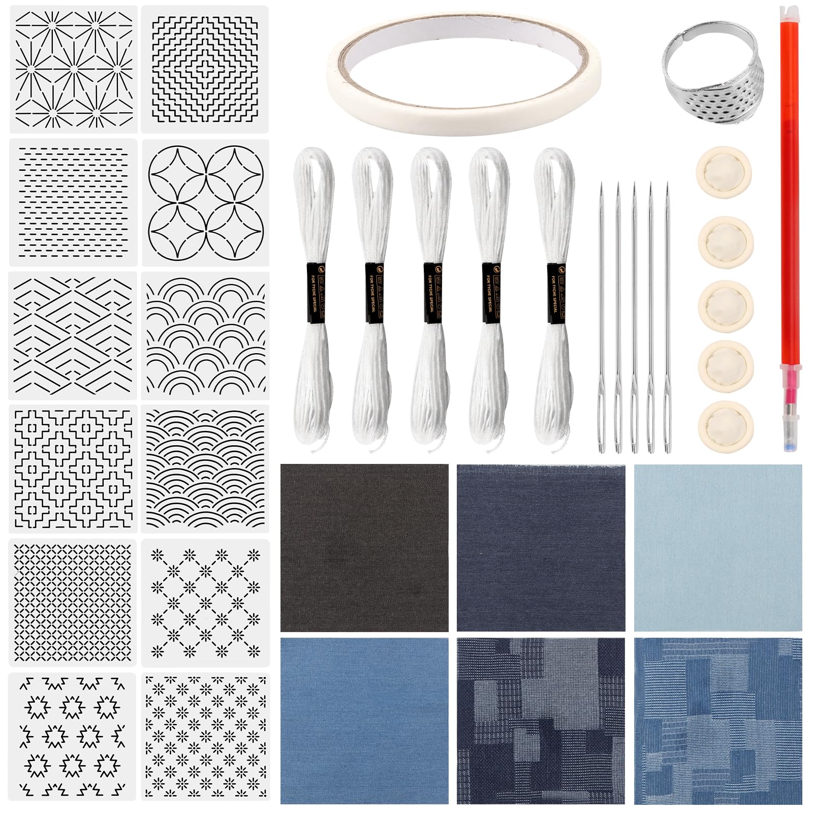 Zhjiutak 12pcs Embroidery Stencil Kit Flower Template Sashiko Stencils Kits for Embroidery Lovers Stencil for Hand Quilting(Denim Style)