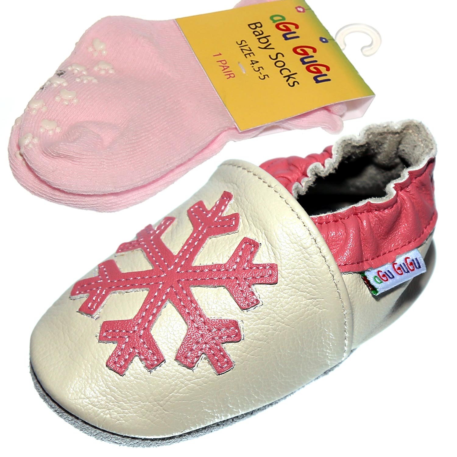 Baby Girl Real Leather Shoes with Anti-Slip Socks 6-12 Months