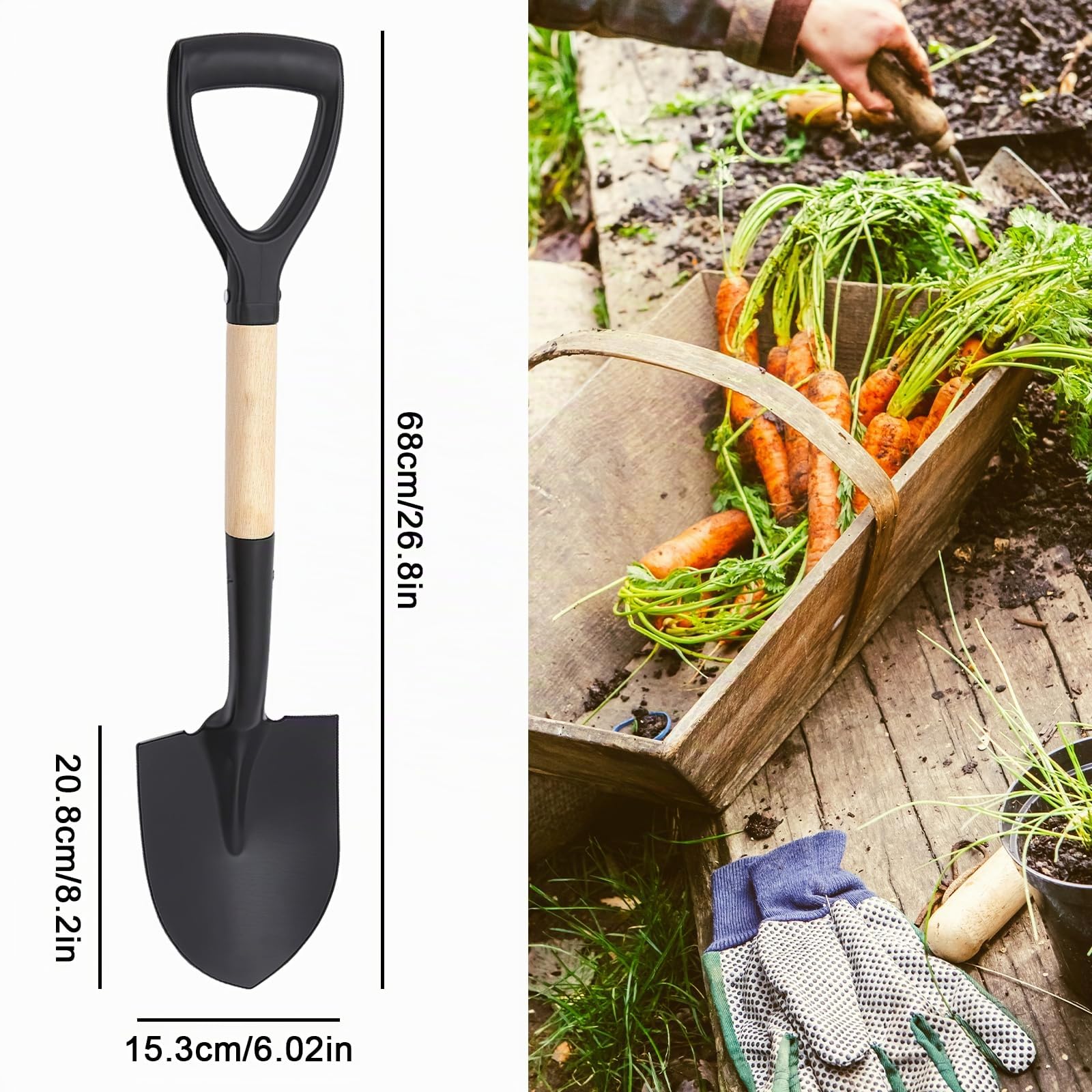 Nizirioo Bêche de jardinier, avec manche en bois et poignée en D, 68 cm, pour sols durs et pierreux, en acier pointu, noire