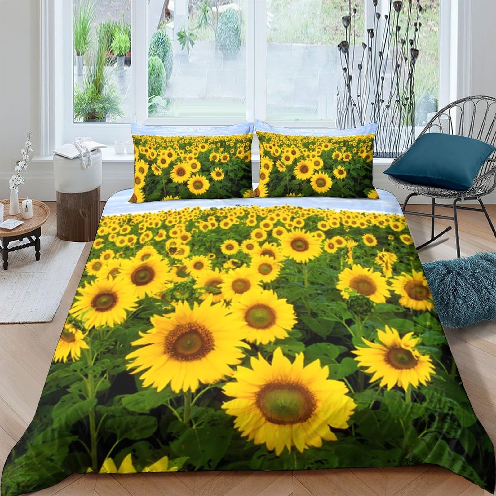 P5V6M1Q9 3D Printed Sunflower Field Duvet Cover Microfiber Bedding Set with 2 Pillowcases, Green Yellow Floral, for Bedroom Home Single（135x200cm）