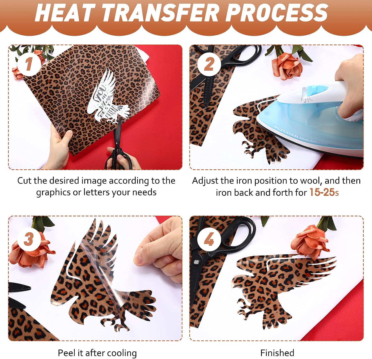 Leopard Cheetah Patterned Heat Transfer Vinyl Animal Print Heat Transfer Vinyl, 12 Inch x 10 Inch Iron on HTV for DIY Clothing T-Shirts Hats Decoration(6 Sheets)