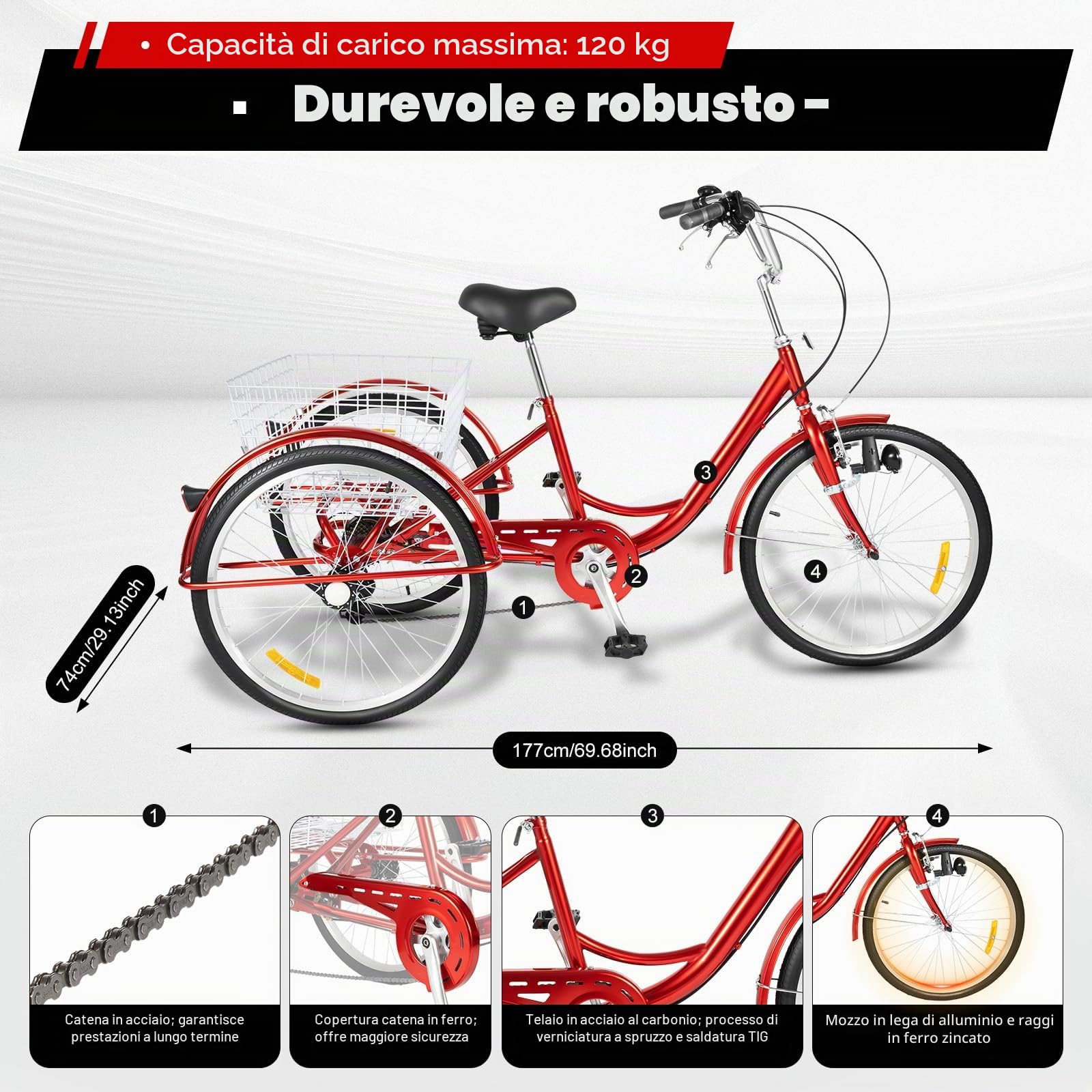 Triciclo da 24 pollici, per adulti, 6 marce, con cestino per la spesa, cuscino per bicicletta, schienale triciclo, 3 ruote, per adulti, City Tricycle, per viaggi, attività all'aperto, colore rosso