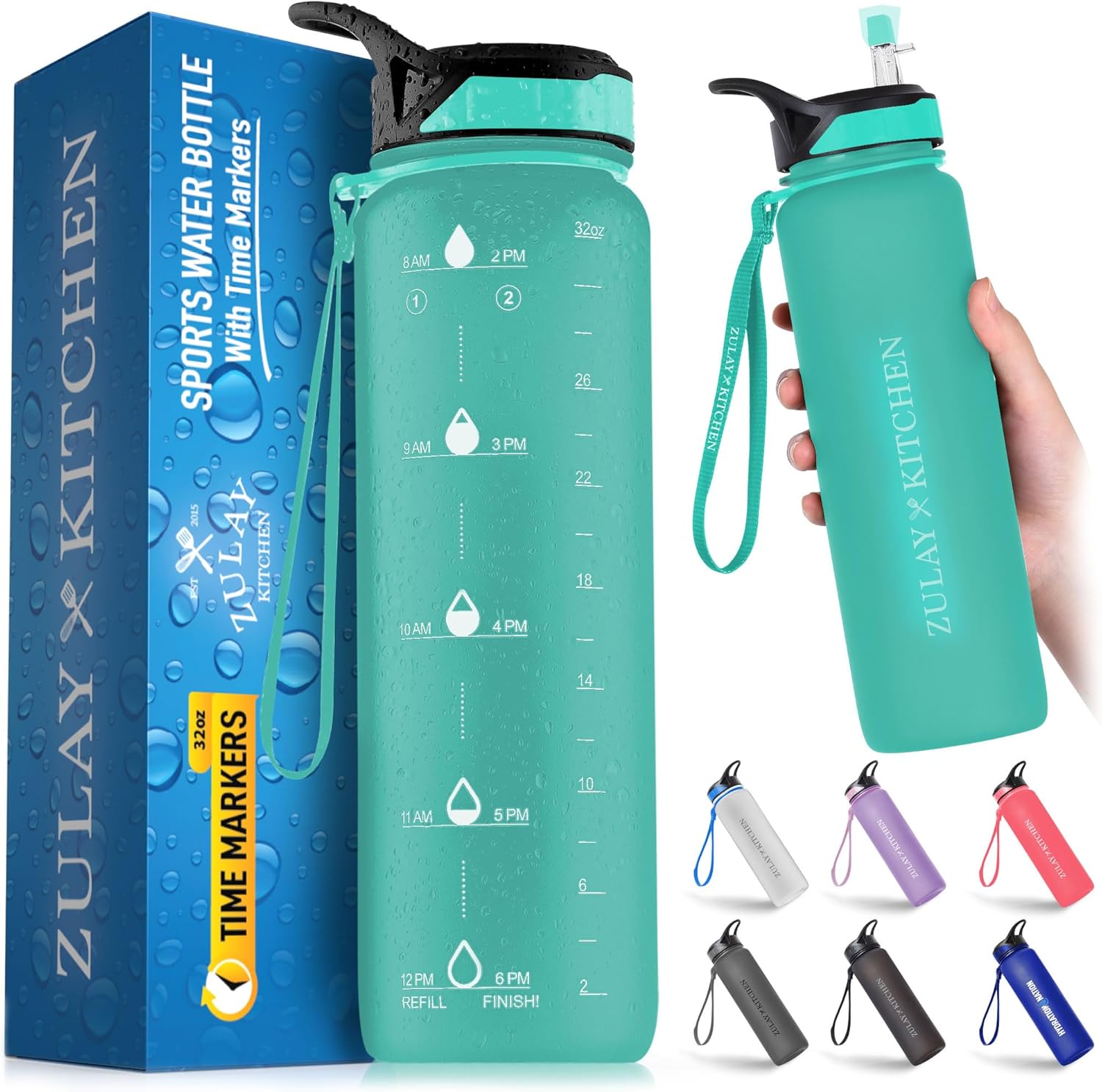 Hydration Nation (32oz Water Bottle With Time Marker – Leak Proof Water Bottles With Times To Drink For Fitness & Sports – 32oz Water Bottle With Straw For Drinking – Water Tracker Bottles (Mint)