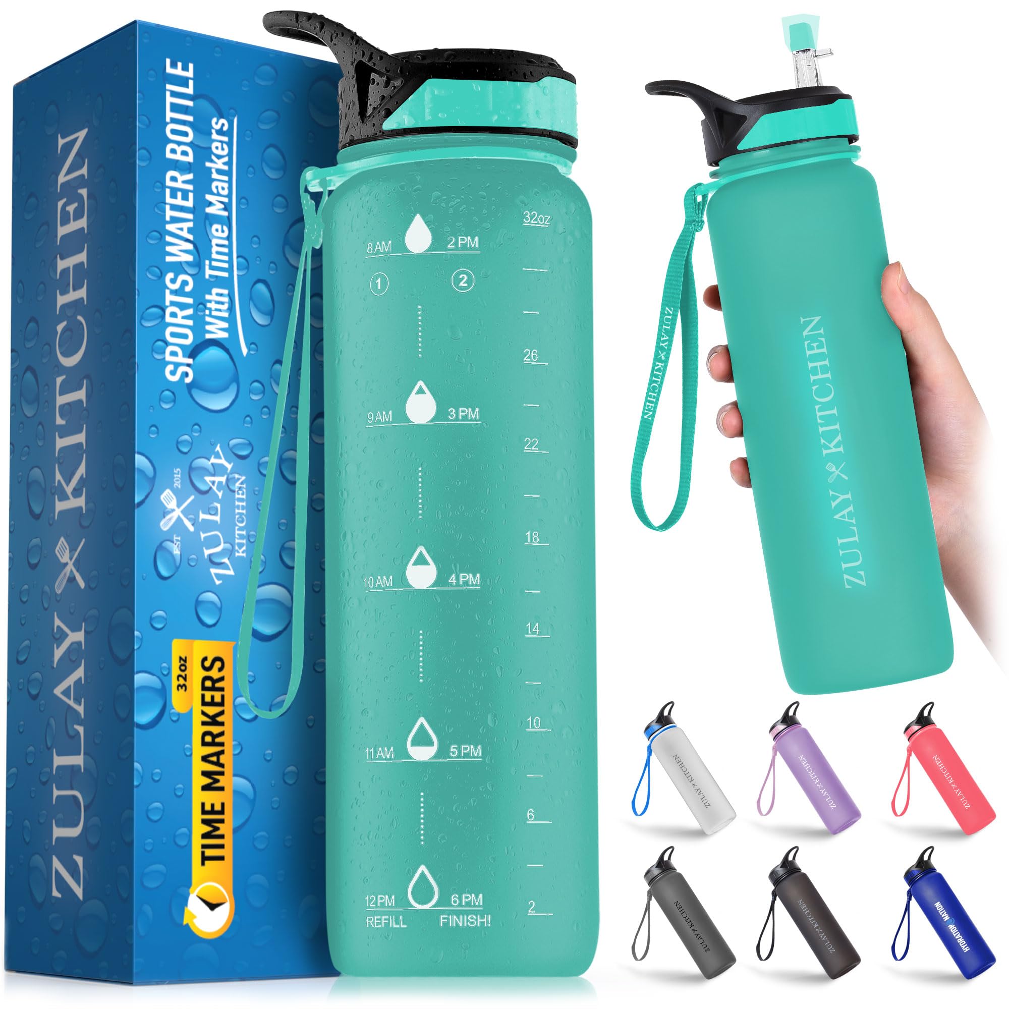 Hydration Nation (32oz Water Bottle With Time Marker - Leak Proof Water Bottles With Times To Drink For Fitness & Sports - 32oz Water Bottle With Straw For Drinking