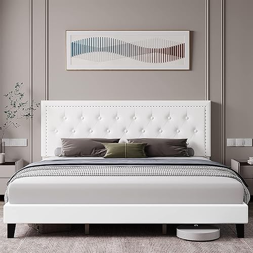 IDEALHOUSE Base de cama matrimonial con cabecero, con diseño de botones copetudos y ribete de cabeza de clavo, soporte de listones de madera, sin