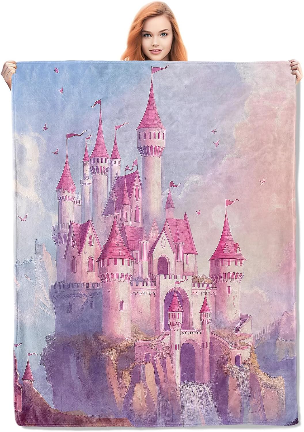 Pink Cartoon Castle Blanket,Cute Flannel Throw Blankets,Soft Warm Lightweight Cozy Plush Anime Throws for Bedroom Sofa Home Decor Gifts for Women Girls 50"x60"