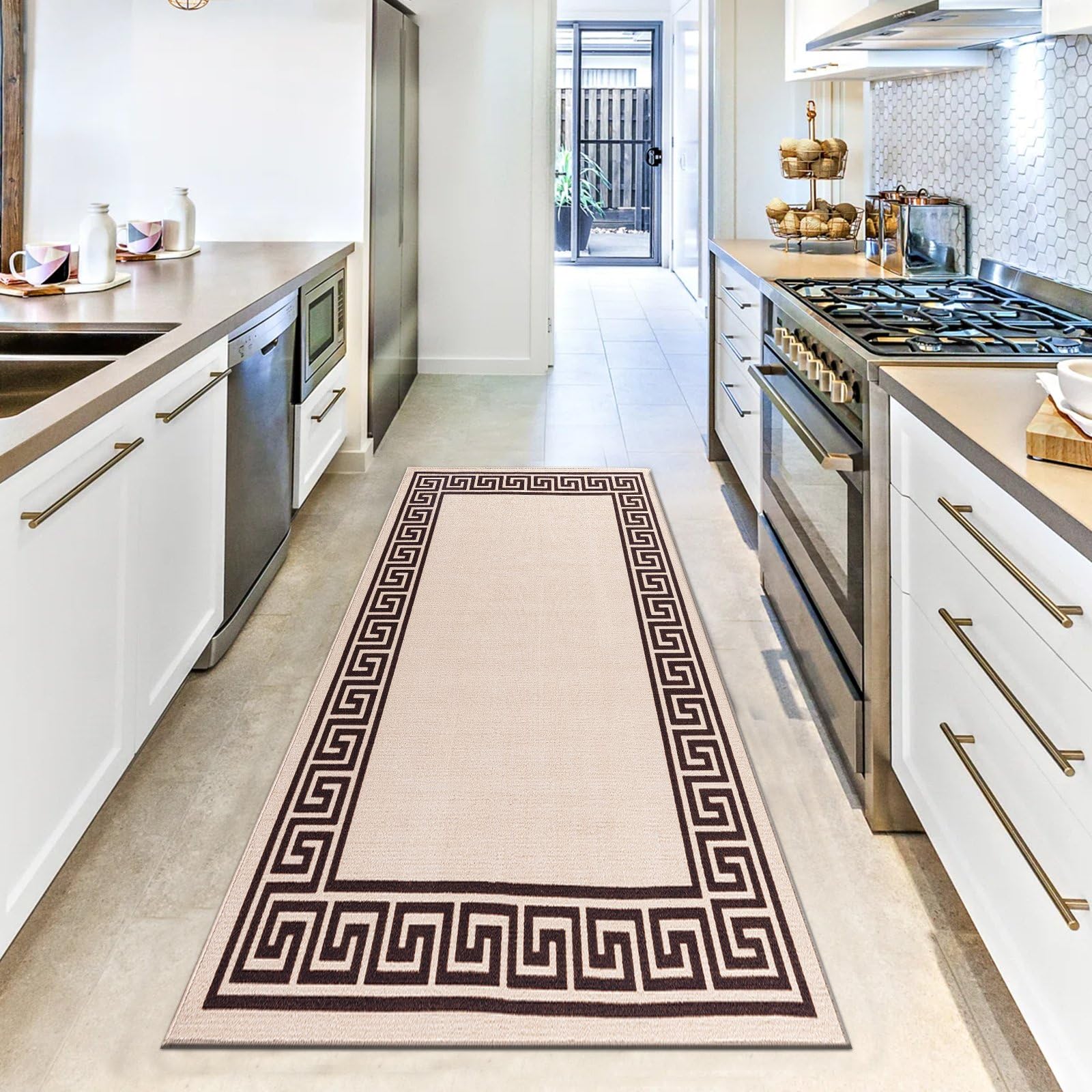 renoazul® Hallway Runner Rug - Non Slip Carpet Runner for Kitchen, Hall and Entrance - Washable Anti Fatigue Mat 66 x 220 cm - Greeky - Beige and Brown Rug — image 1