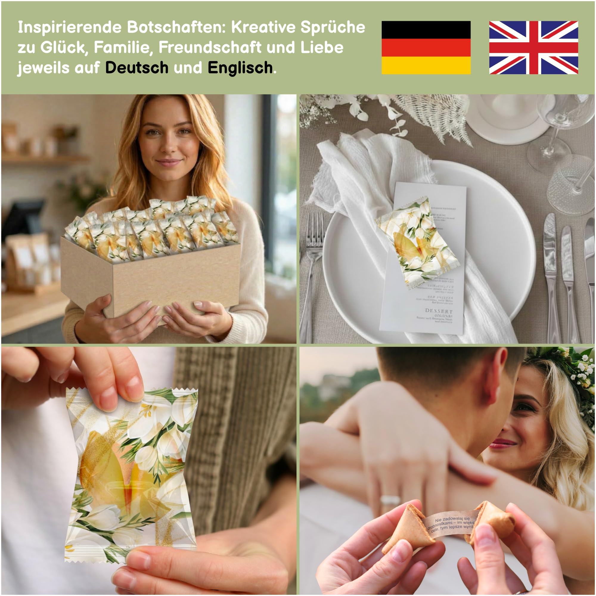 250 Stück Glückskekse Schön dass du da bist - Einzeln Verpackt, Komplimente im Inneren, Sprüche auf Deutsch & Englisch, Vanille Geschmack, Kommunion & Taufe, Gastgeschenke Hochzeit
