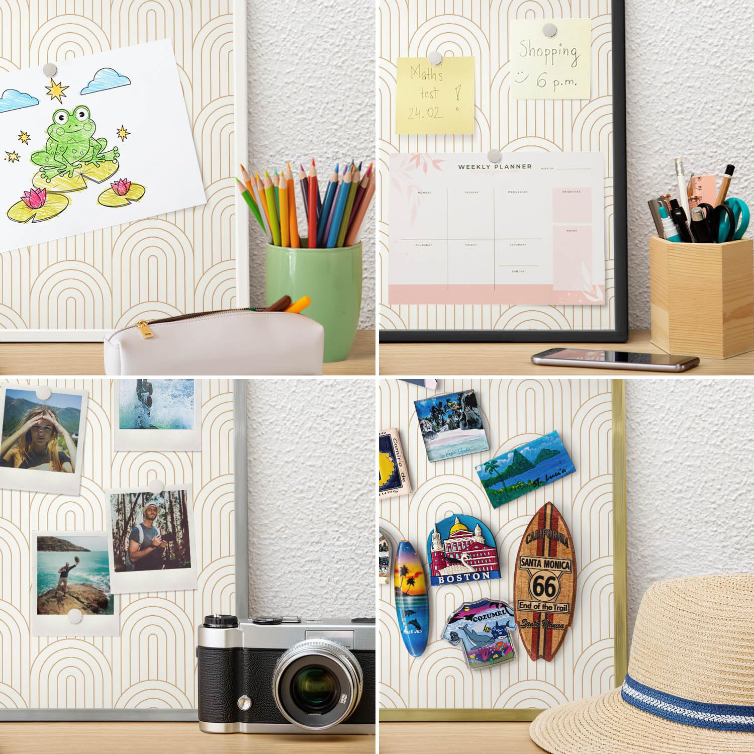 Magnetwand 100x70 cm | mit Goldenem Rahmen | Künstlerische Bögen | Einfache Montage | Magnetische Tafel | Für Büro und Homeoffice | Magnetboard | Für Notizen, Wochenplaner & Organisation