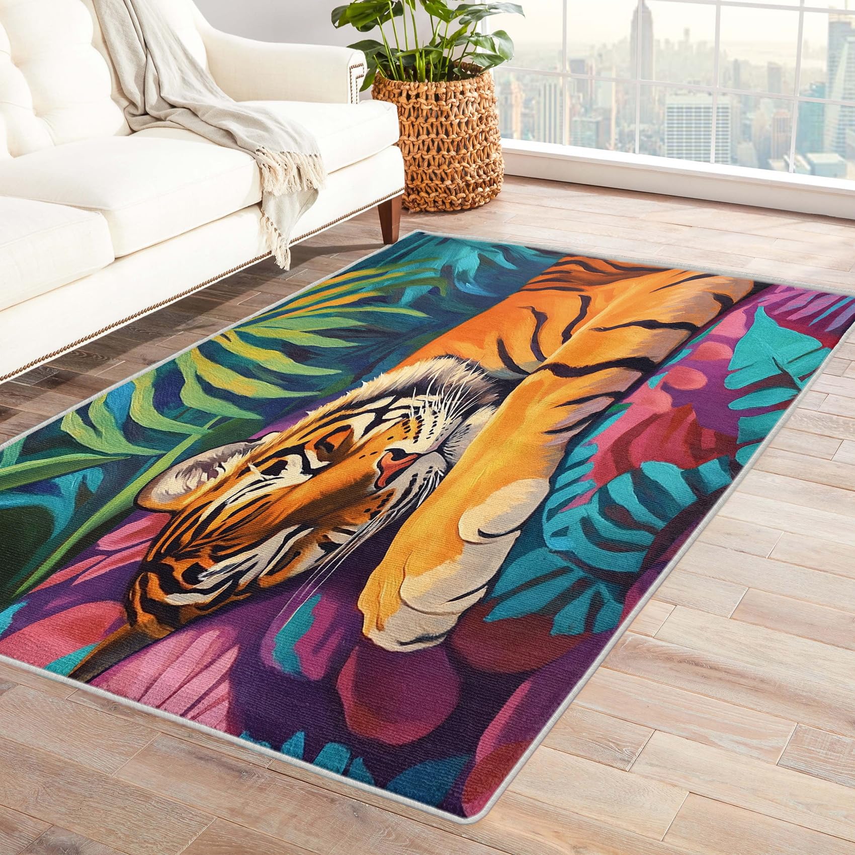 Tiger Rugs for Bedroom - Jungle Tiger Rug, Colourful Tropical Plants Rugs for Living Room Bedroom, Washable Non Slip Soft Small Carpet, Patterned Area Rugs & Home Decor 50x80 cm