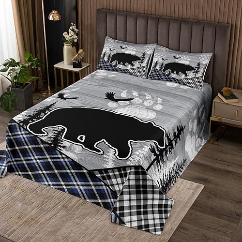 Erosebridal Juego de colcha rústica de oso de bosque, diseño de retazos de animales del bosque, tamaño Queen para adolescentes y hombres, juego de