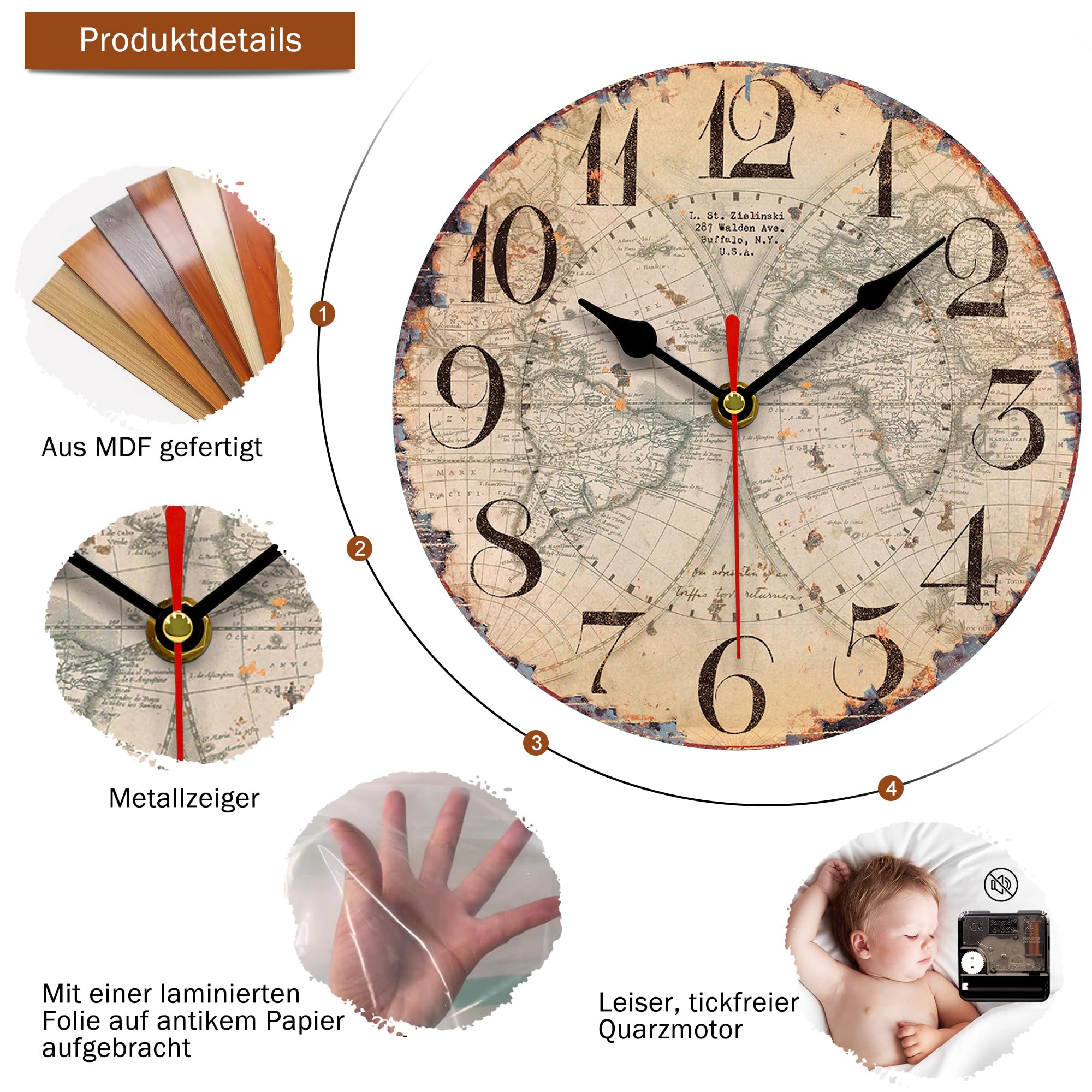 VIKMARI Silent Wall Clock Non-Cutil, Quartz uurwerk Uitstekende Nauwkeurige Houten Sweep Wandklok 14 inch Ocean Wave