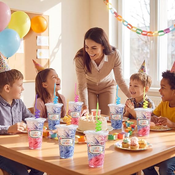 Qinyoung 24 Set Creative Happy Birthday Gifts from Teacher Students Birthday Cups with Lids Straws Composition Stickers and Raffia Disposable Plastic Cups for Reward Kid Prize Classroom Party Supplies