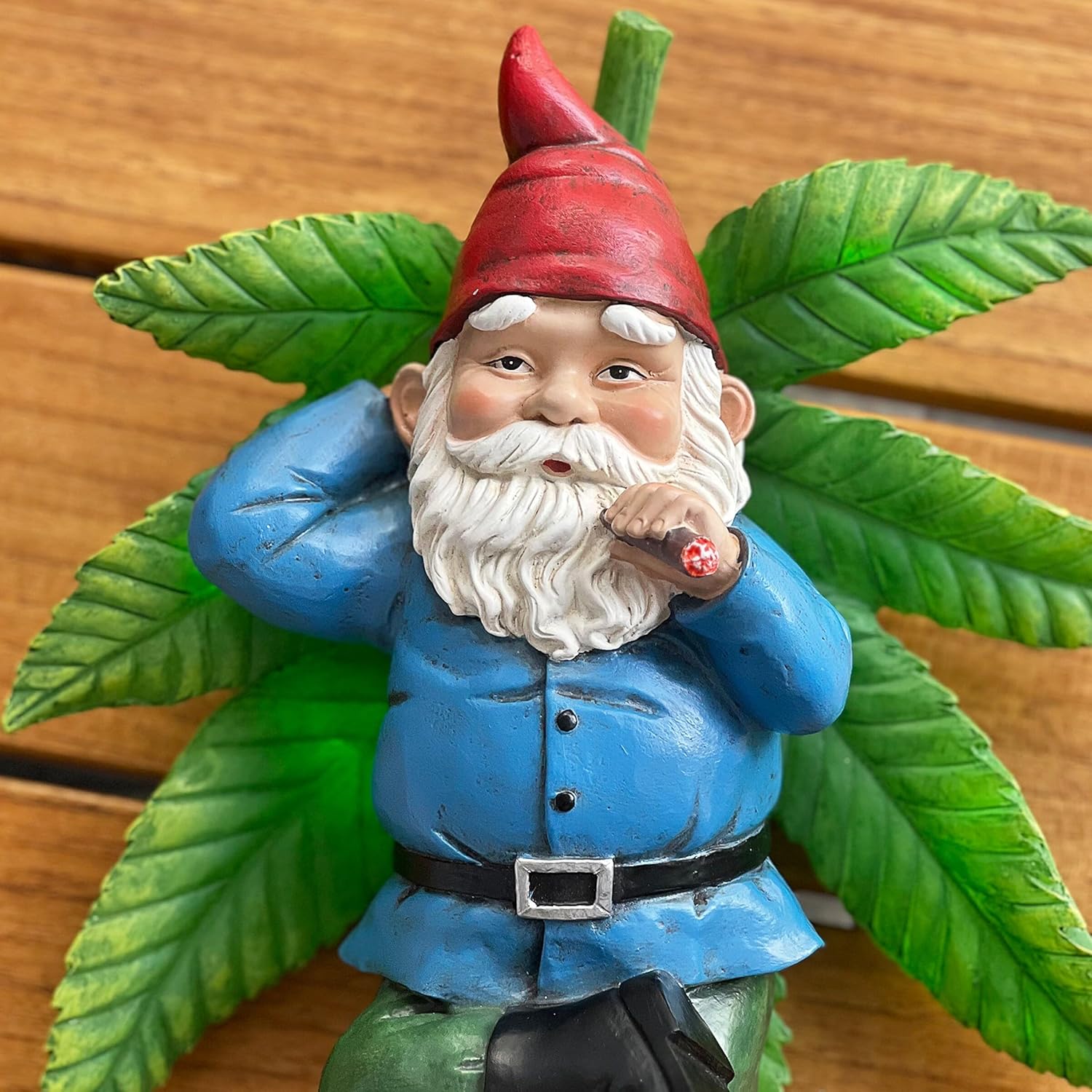 Exhart Smoking Garden Gnome Statue with LED Light-Up Pot Leaf, Battery Powered Timer, Durable Resin Outdoor Decor, Funny Gnomes Yard Art, 12.5 x 9.5 x 5 Inch
