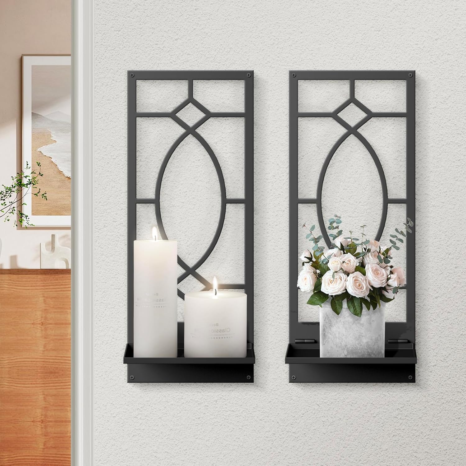 Candle Wall Sconces Set of 2, Black Metal Minimalism Wall Candle Holder for Living Room, Dining Room, Bedroom, Bathroom (2 Pack, 16.5 x 7 in)