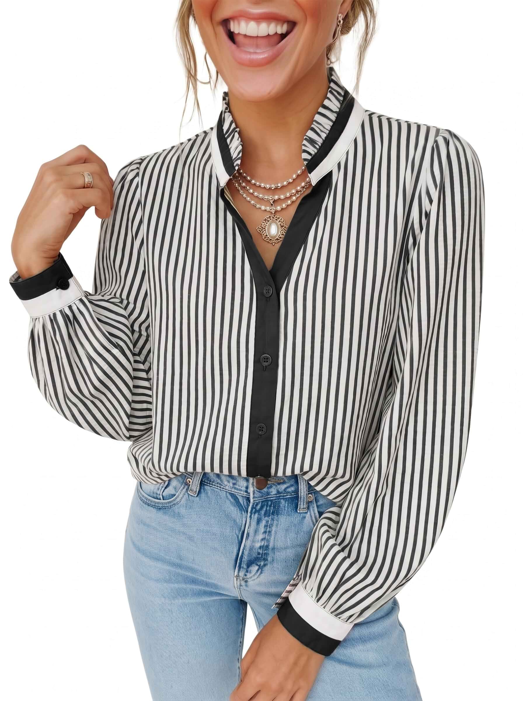 Dokotoo Womens Striped Button Down Shirt Long Sleeve V Neck Cotton Blouse Colorblock,Trendy,Collared,Ruffle,Fall Outfits,Business Casual Tops,Puff Sleeve,Loose Fit,Stylish,Work Office Teacher Outfits