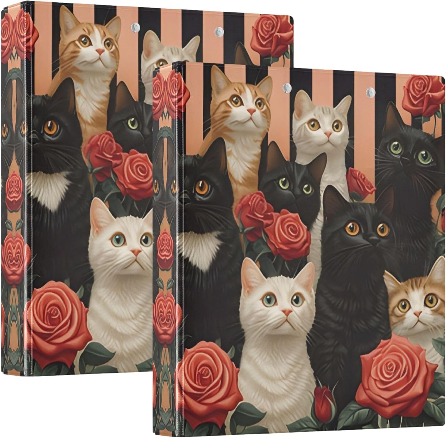 Valentine's Day Cat Rose 3 Ring Binders, 1.5” Round Ring Binders with Clipboard - Letter Size, 3 Interior PVC Clear Pockets & Anti-Slip Clip for Office School Supplies, 2PCS