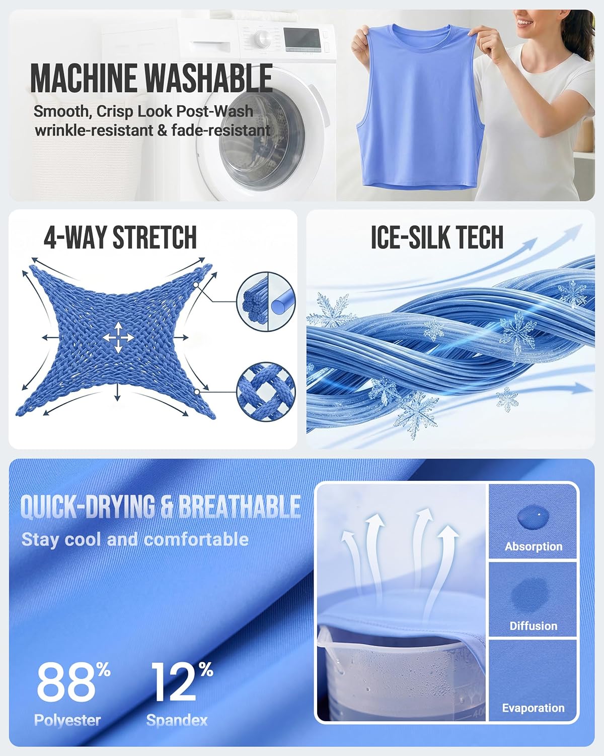 JOYSPELS Workout Tank Tops for Women, Ice Silk Quick Dry Athletic Crop Top, Loose Fit Running Yoga Gym Shirts