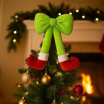 Plush Elf Legs Christmas Wreath Decoration with Large Red Bow - 15.7" Hanging Holiday Decor for Front Door, Wall & Tree 1, Green