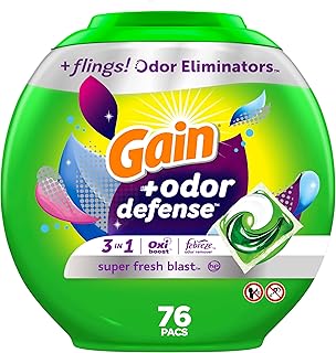 Gain flings Laundry Detergent Pacs with Odor Defense HE Compatible 76 Ct 3in1 Detergent Pacs with Febreze and Oxi Super Fresh Blast Scent