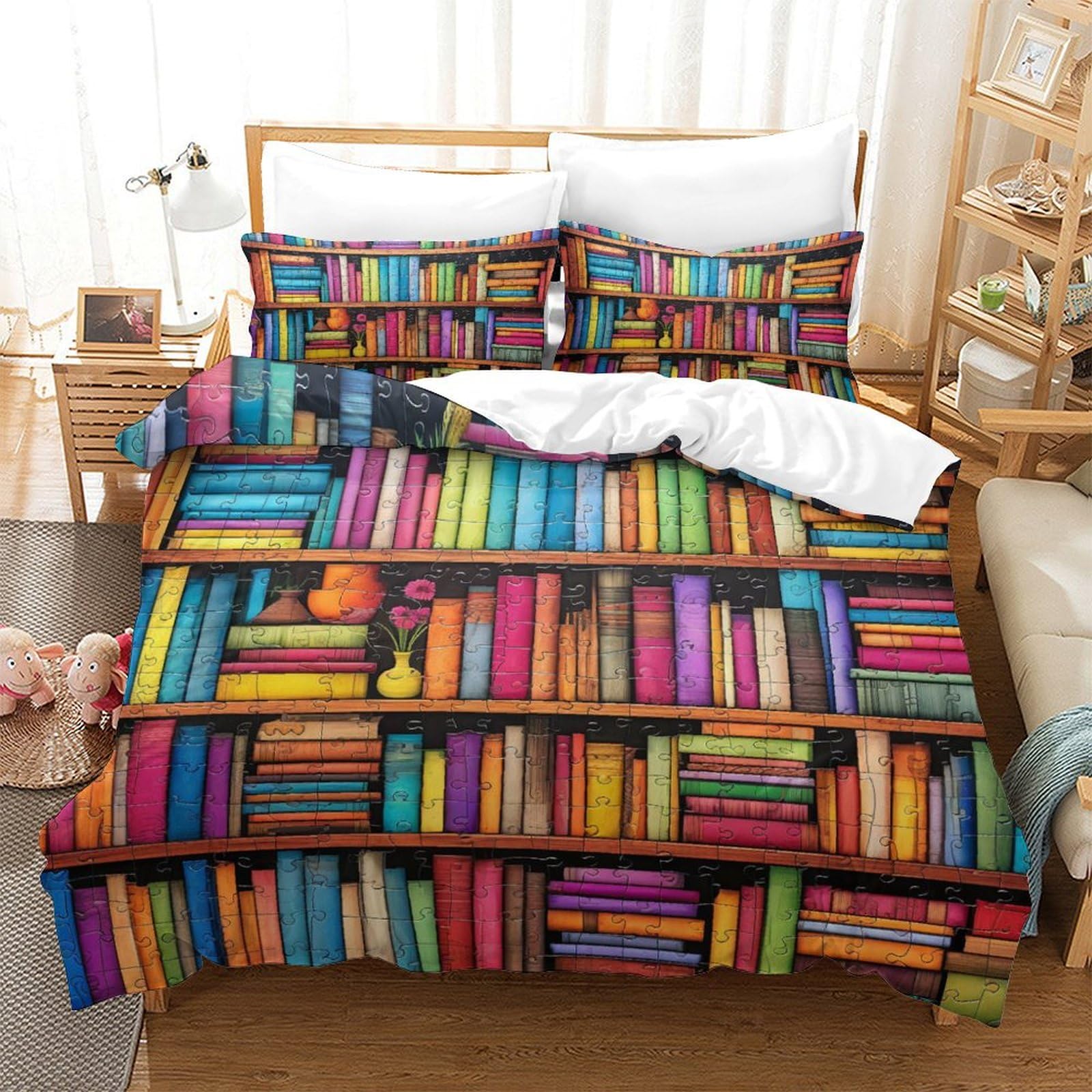 Housse de couette 200x200 étagère de livres 3D en microfibres pour lit double ado
