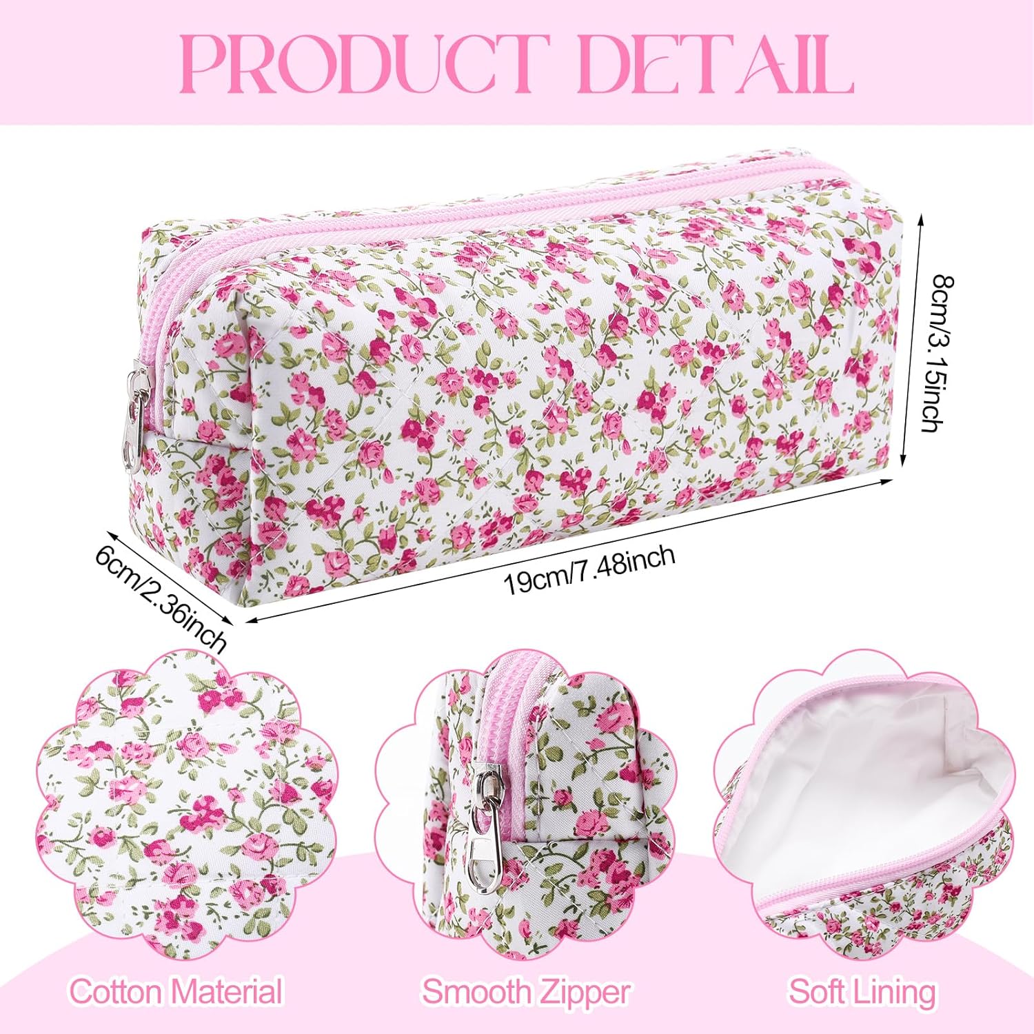 Paterr Floral Makeup Bag Aesthetic Flower Make up Pouch Travel Cosmetic Bag Valentine's Day Gift for Women Portable Quilted Pouch Cotton Kawaii Toiletry Organizer for Girlfriend Wife(Red Floral) - Image 2