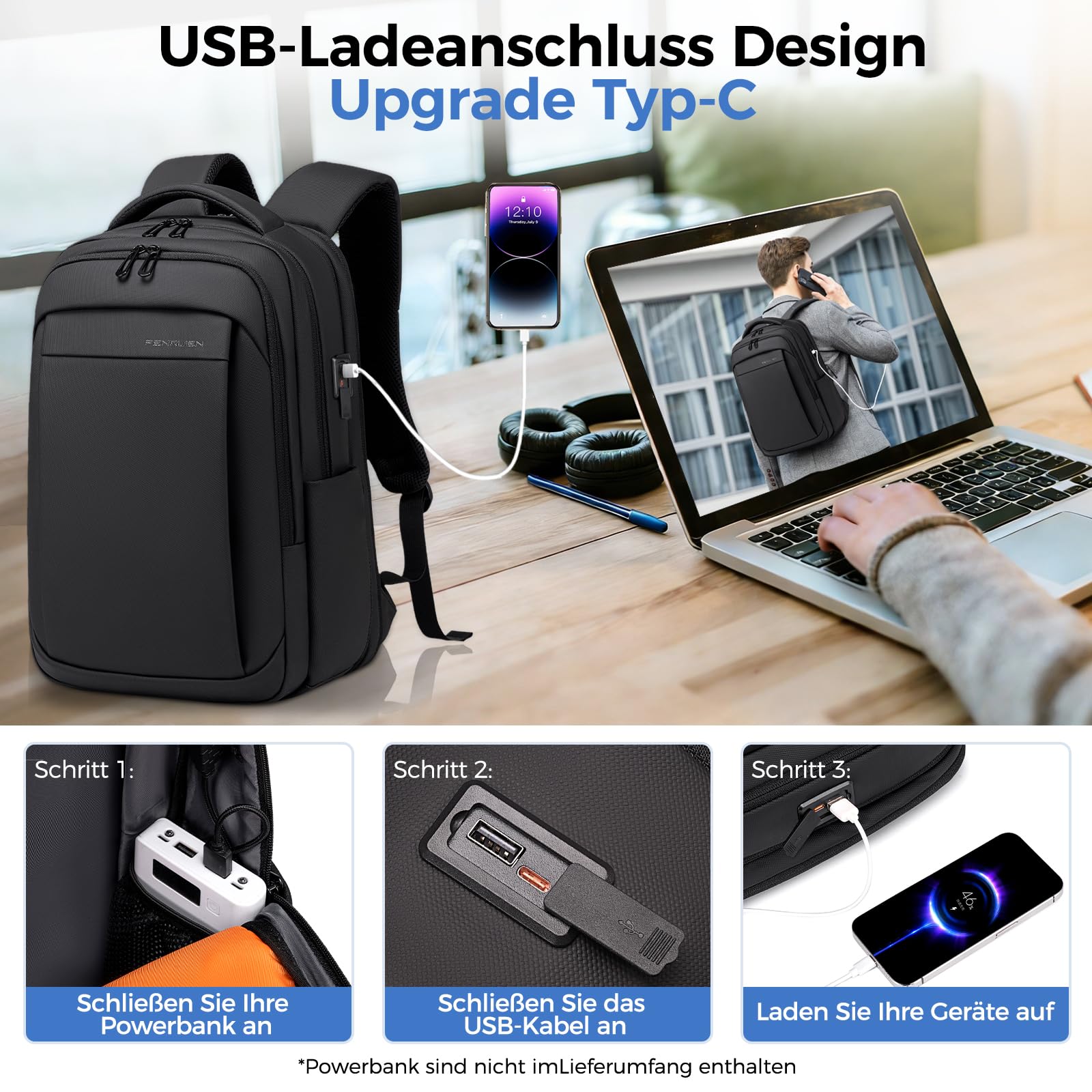 Fenree.geer Rucksack Herren –Handgepäck Rucksack 17.3-Zoll Laptop Rucksack Erweiterbar (Wasserdicht & Anti-Diebstahl) – Elegante Laptoptasche für Büro, Reisen, Pendeln und Schule – Unisex Design