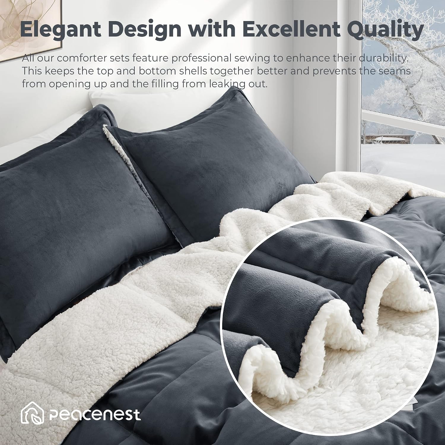 Peace nest Sherpa Comforter Set Queen, Winter Warm Comforter Queen Size Ultra Soft Fuzzy Plush Velvet, 3-Piece Comforter Set Heavy Weight Reversible for Winter, Dark Grey, Queen, 90"X90"