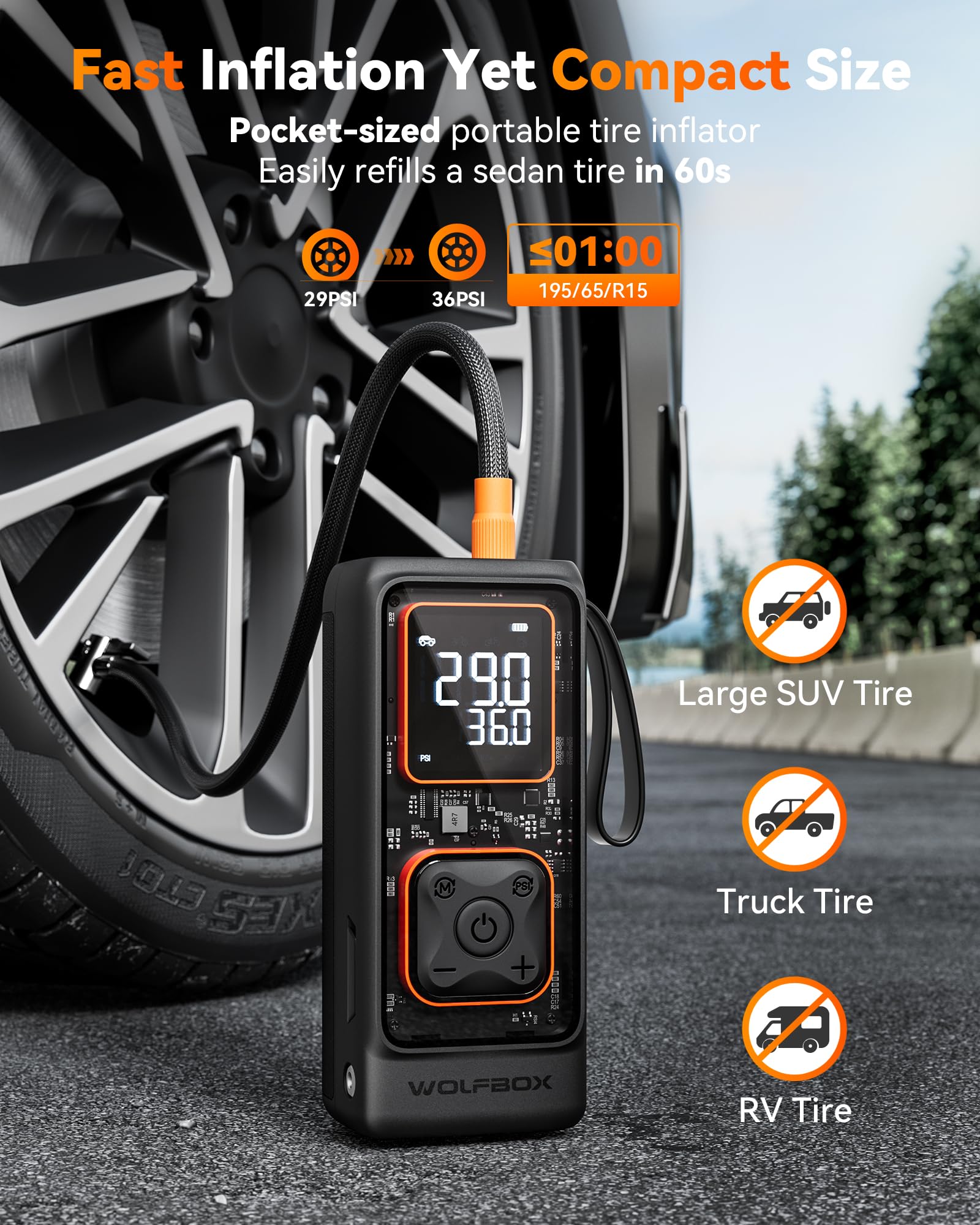 WOLFBOX Przenośna sprężarka powietrza do opon, 150 PSI i 12000 mAh, akumulatorowa pompa powietrza, do opon samochodowych, motocykli, rowerów, kul, z manometrem cyfrowym, do szybkiego nadmuchiwania