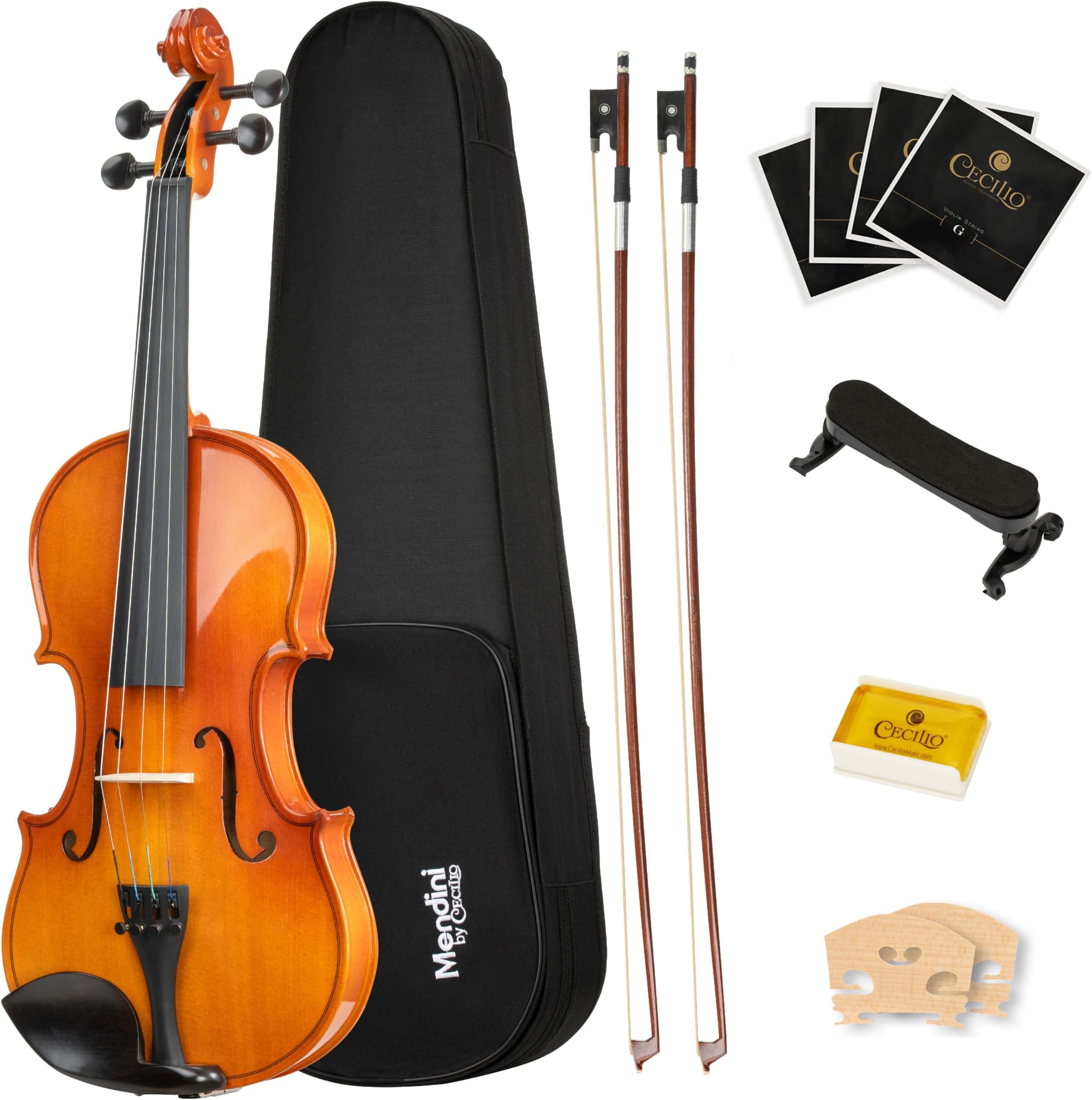 Mendini by Cecilio 4/4 Violin Set For Beginners - Hand Carved Full Size Violin Kit - Ebony Fitted Solid Wood Fiddle Kit with Hard Case, Two Bow, Rosin, Shoulder Rest and Extra Strings (Varnish)