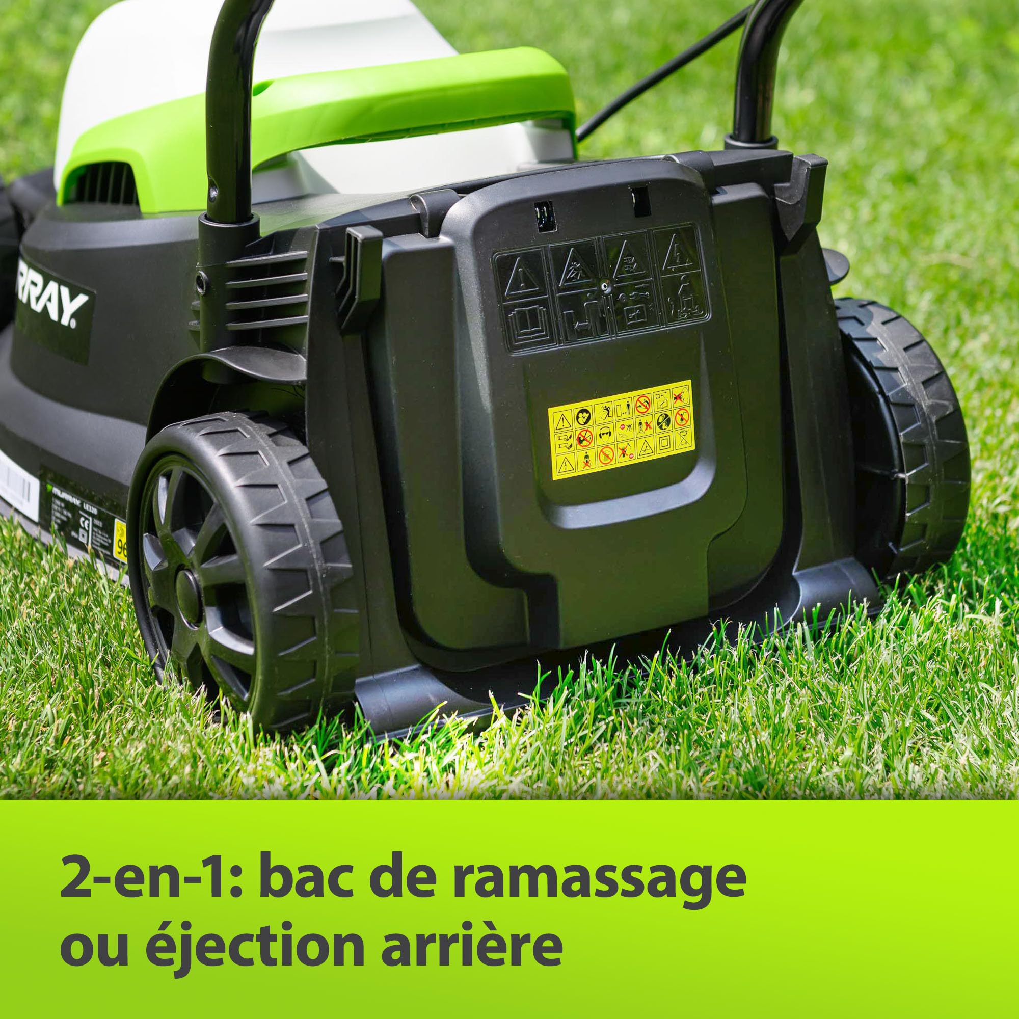 Murray Tondeuse Électrique 2-en-1 LE320E – Compacte 1200W/32cm avec Bac de Ramassage 27L pour Petites Surfaces – Poignée Ergonomique et Protection Contre Les Surcharges