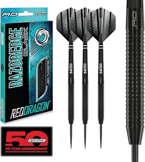 RED DRAGON Razor Edge Black 24g Tungsten Steel Tip Darts - 85% Tungsten Set of 3 with Nitrotech Stems & Hardcore Flights