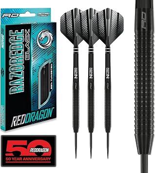 RED DRAGON Razor Edge Black Professional Darts Set - 85% Tungsten Darts with Flights & Shafts - Available in Soft Tip 18g Barrel/20g Full Weight and Steel Tip 20g - 28g