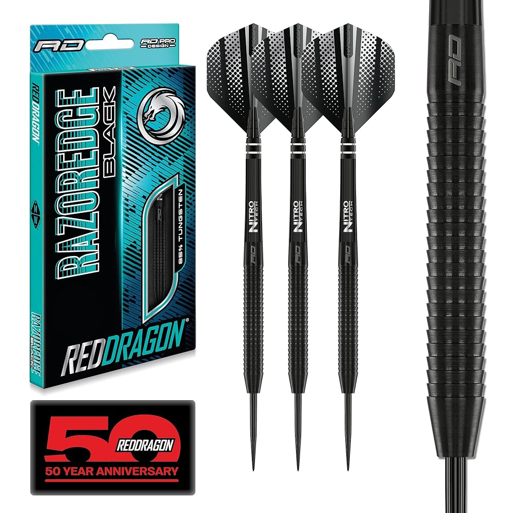 RED DRAGON Razor Edge Black 23g Tungsten Darts with Flights and Stems