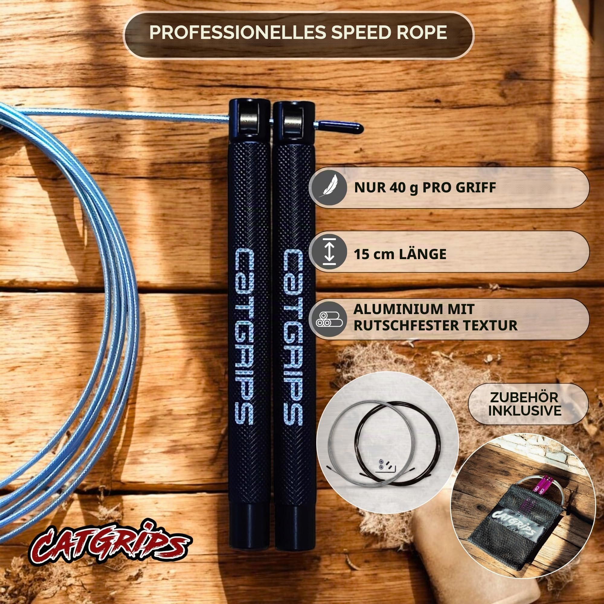 CATGRIPS Springseil Crossfit – Speed Rope aus Aluminium – Einstellbares Stahl Springseil mit Kugellager – Leichtes Seilspringen Profi für Gym und Boxen, Seilspringen mit Tasche & Ersatzteilen